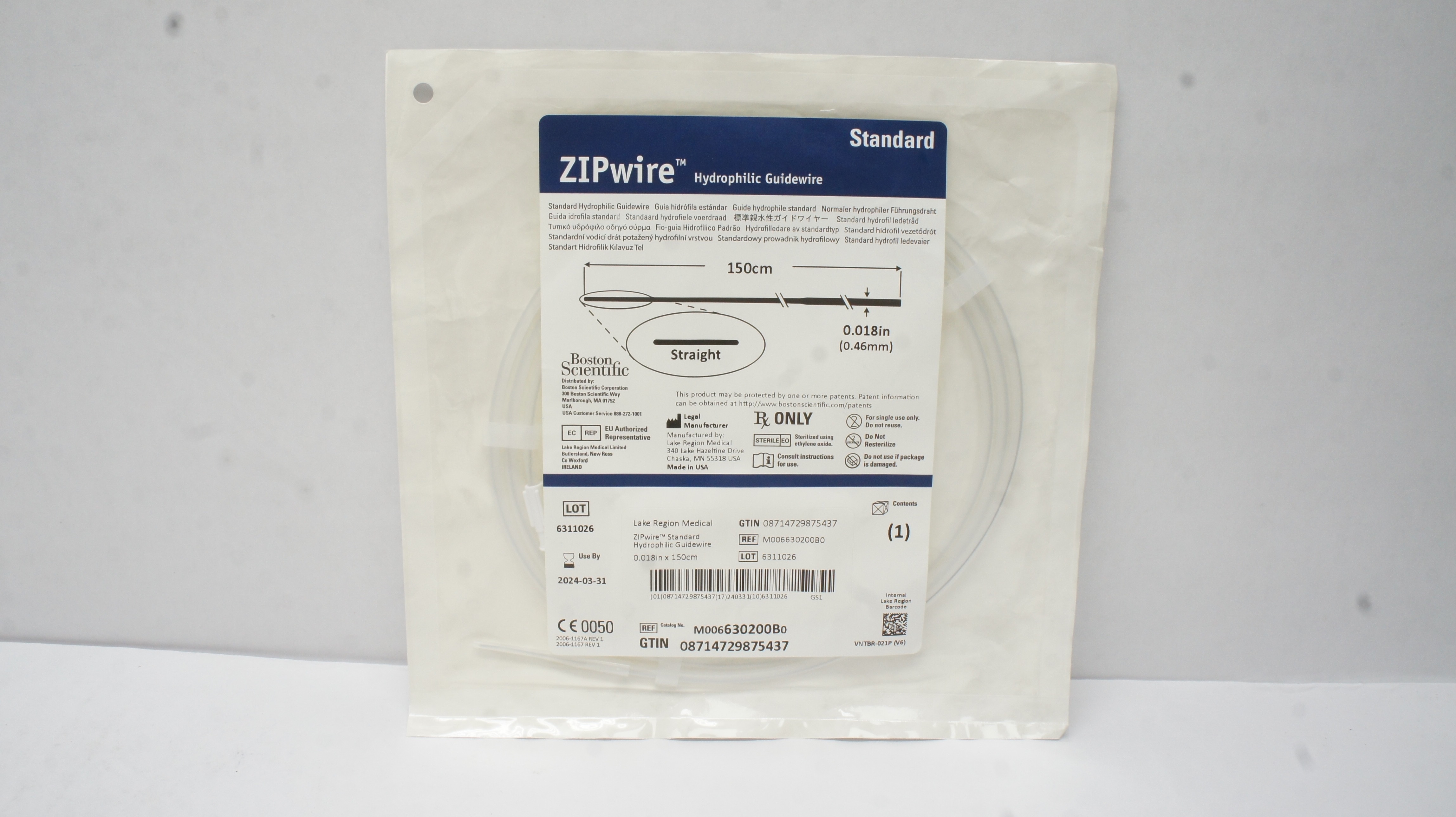 Boston Scientific 630200B Standard ZIPwire Hydrophilic Guidewire 150cm x 0.018In