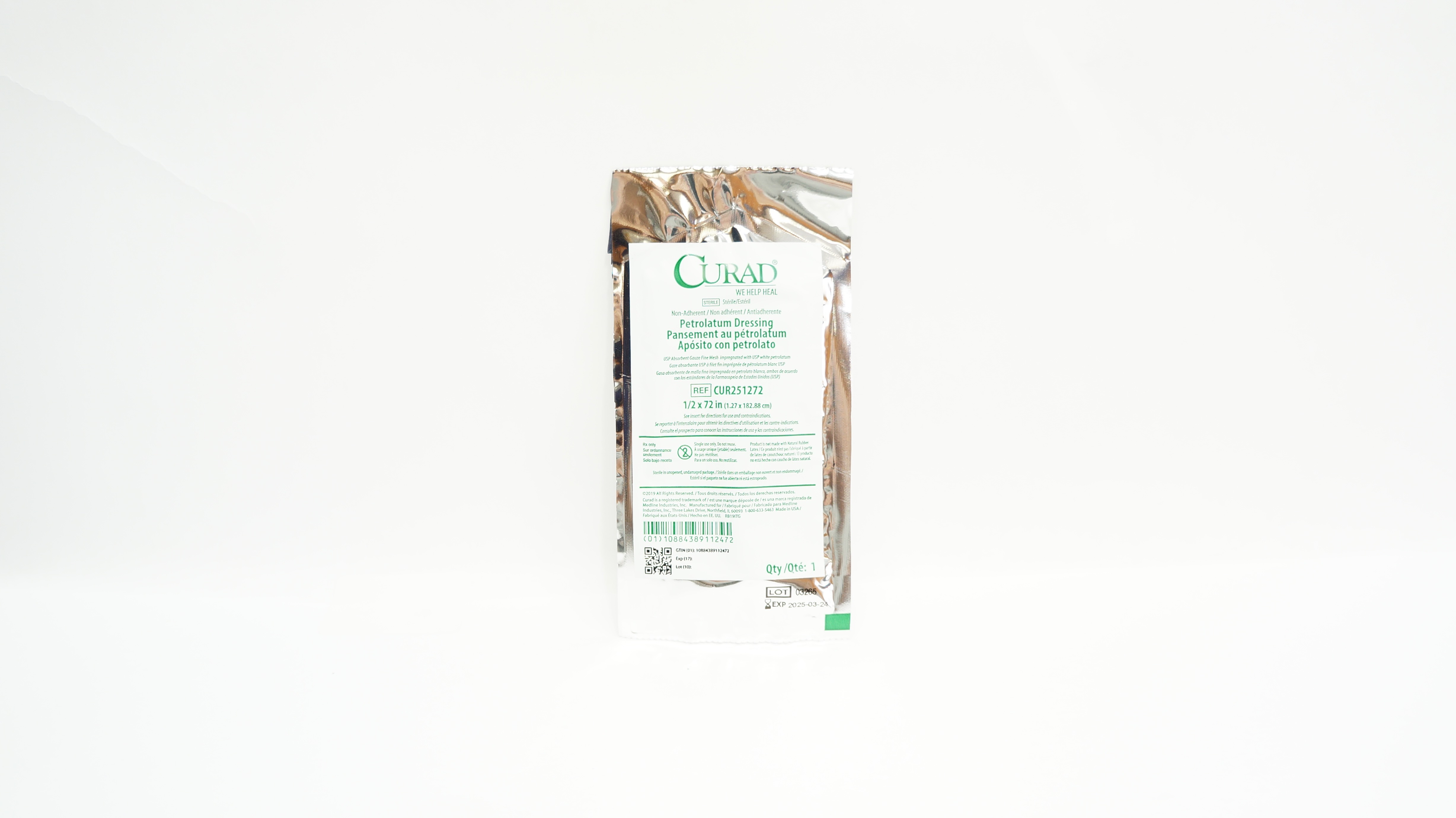 Medline CUR251272W Curad Petrolatum Dressing in Overwrap 1/2inch x 72inch