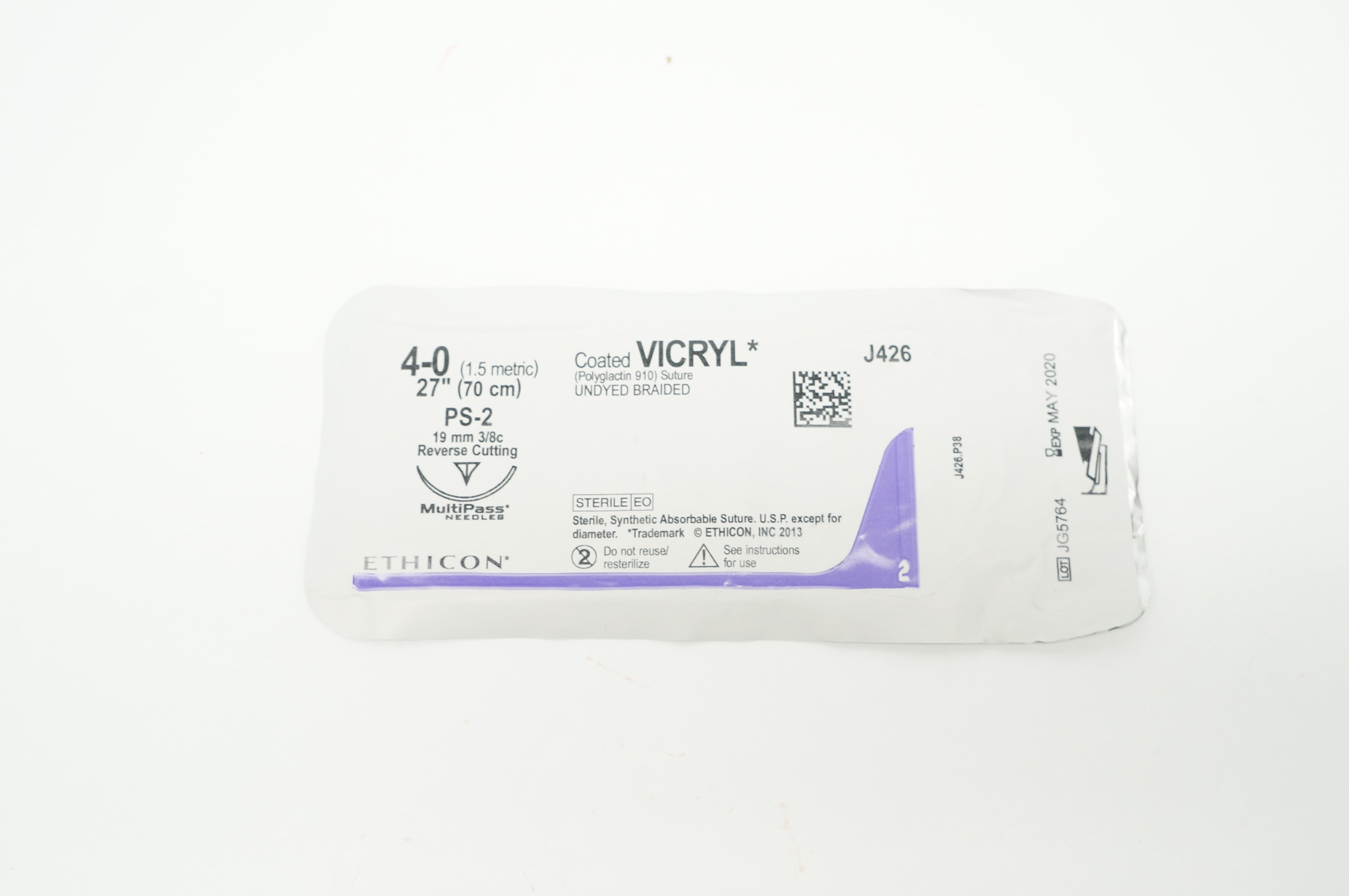 Ethicon J426 4-0 Coated VICRYL PS-2 19mm 3/8c Reverse Cutting 27inch (x)