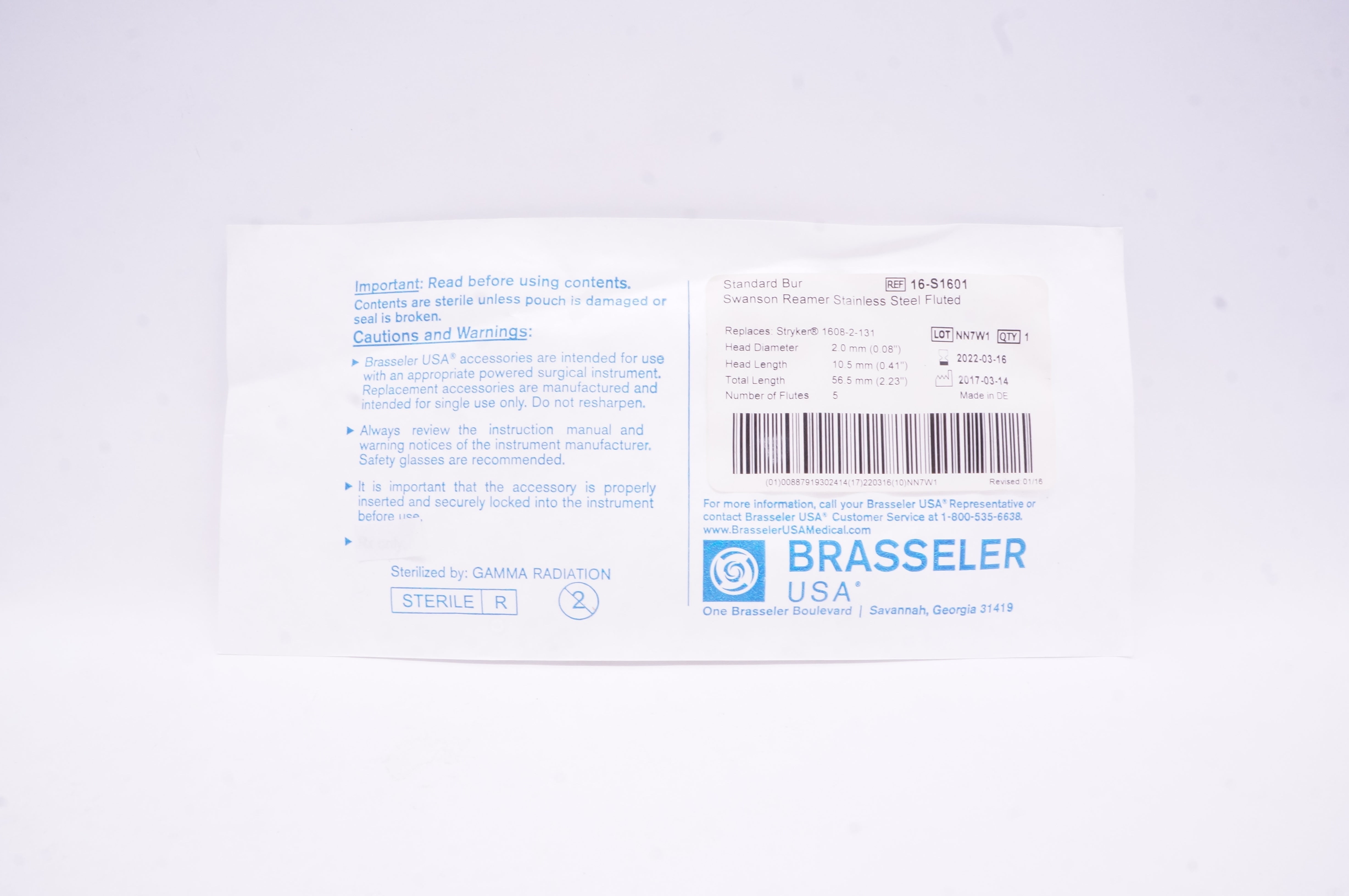 Brasseler 16-S1601 Standard Bur Swanson Reamer Stainless Fluted 0.08x0.41x2.23in