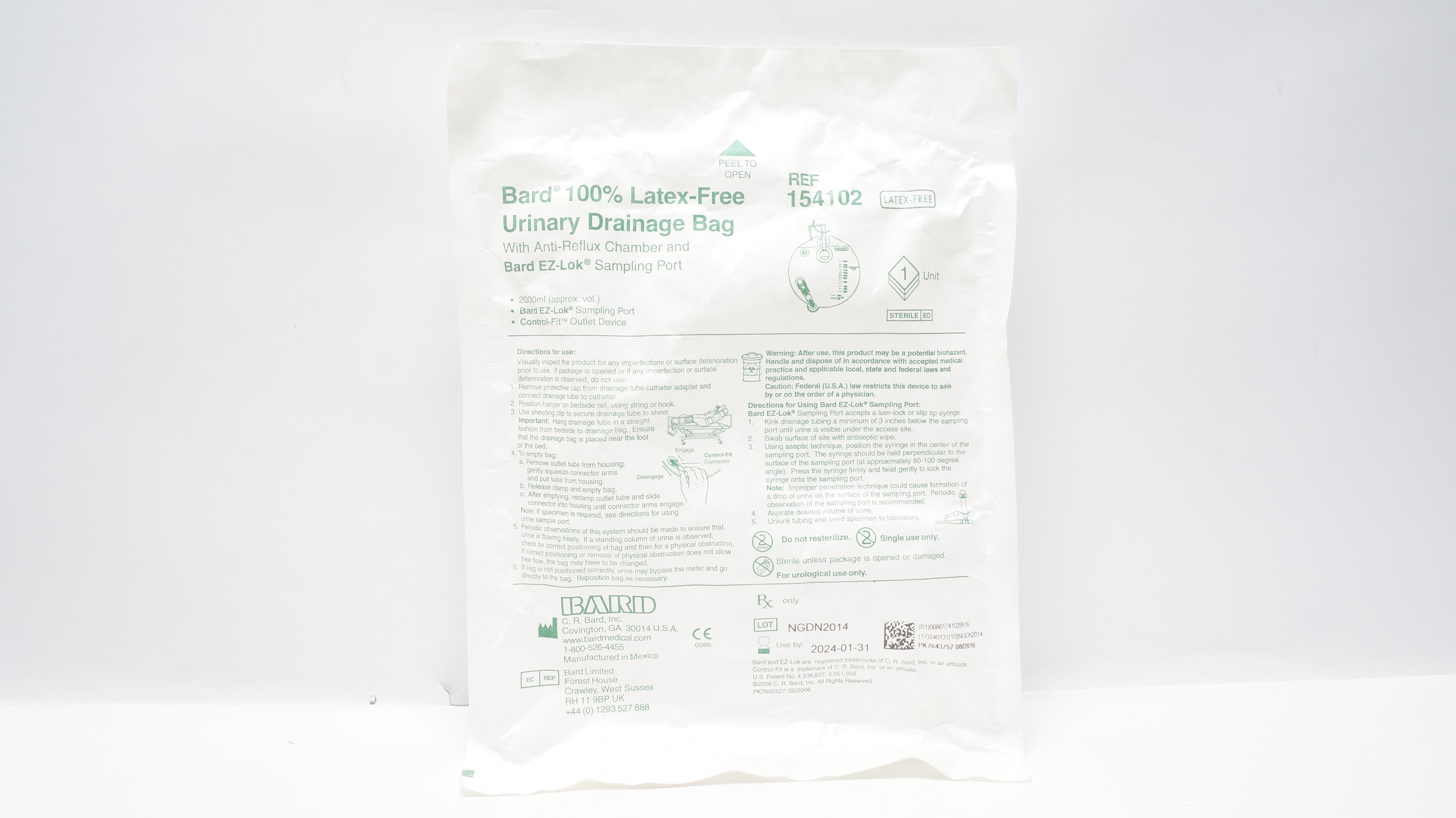 Bard 154102 Urine Drainage Bag w/ Anti-Reflux Chamber, 2000ml (x)