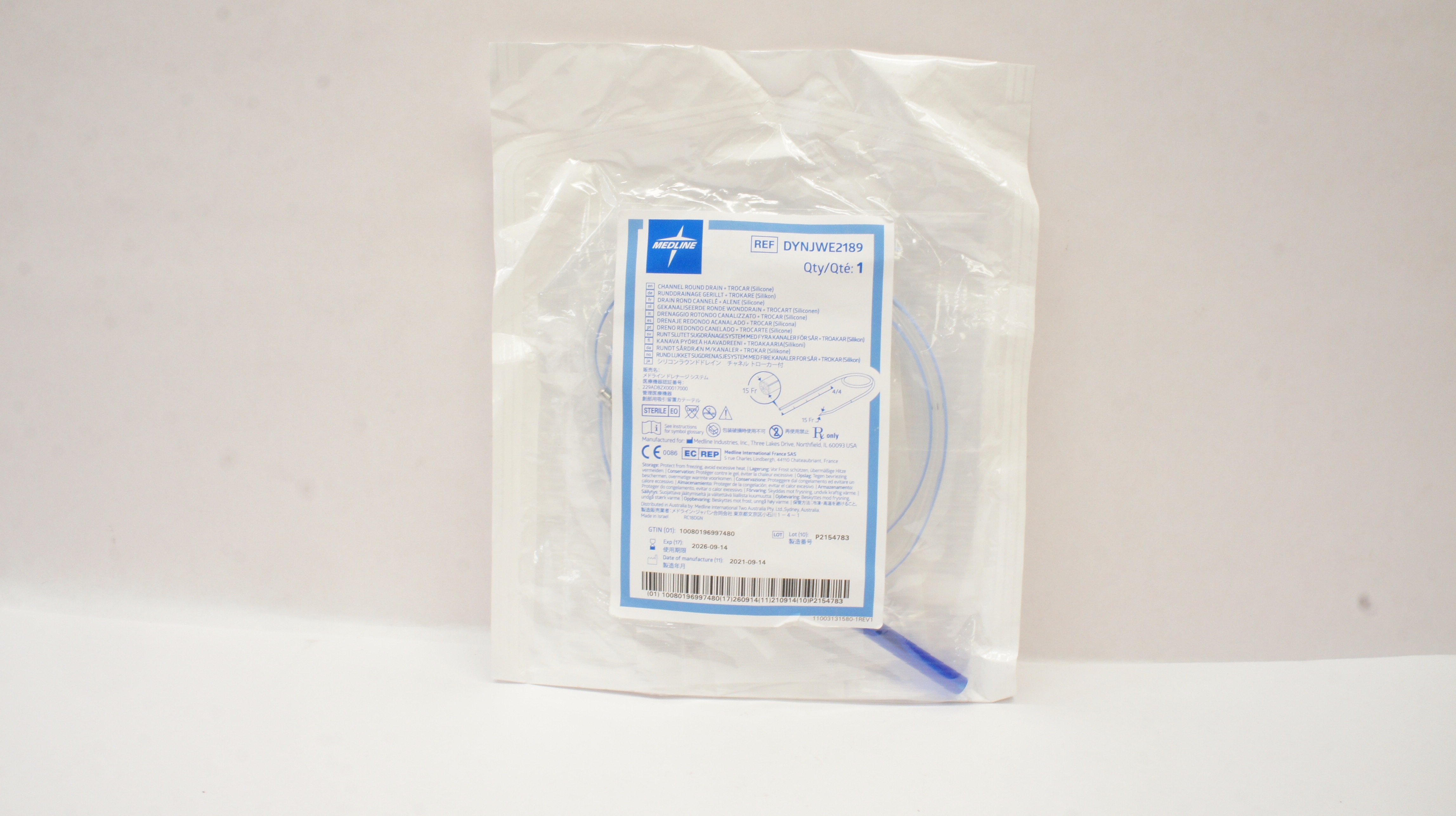 Medline DYNJWE2189 Channel Round Drain - Trocar Silicone 15Fr