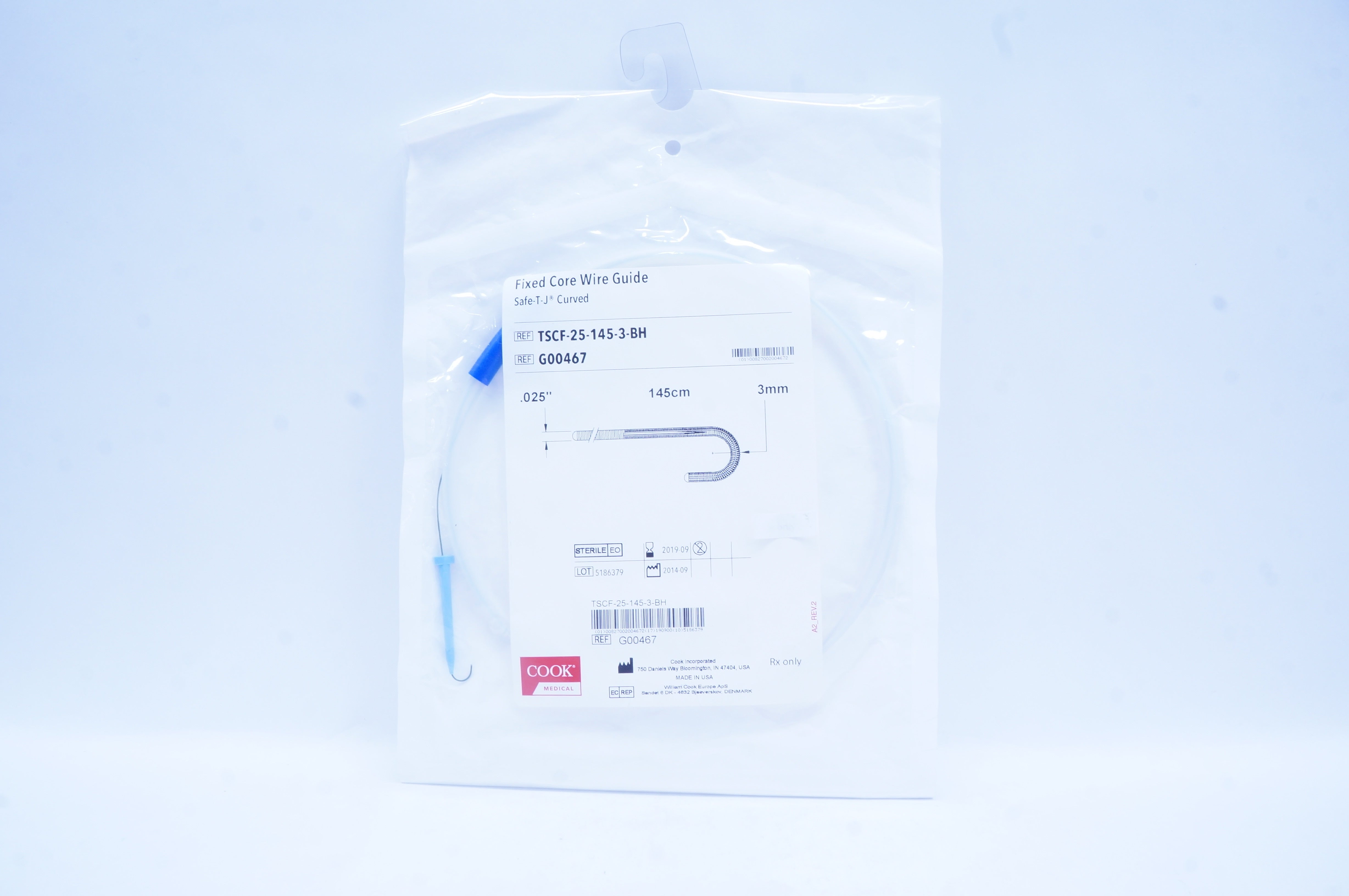 Cook Medical G00467 Fixed Core Wire Guide Safe-T-J Curved 025in x 3mm x 145cm(x)