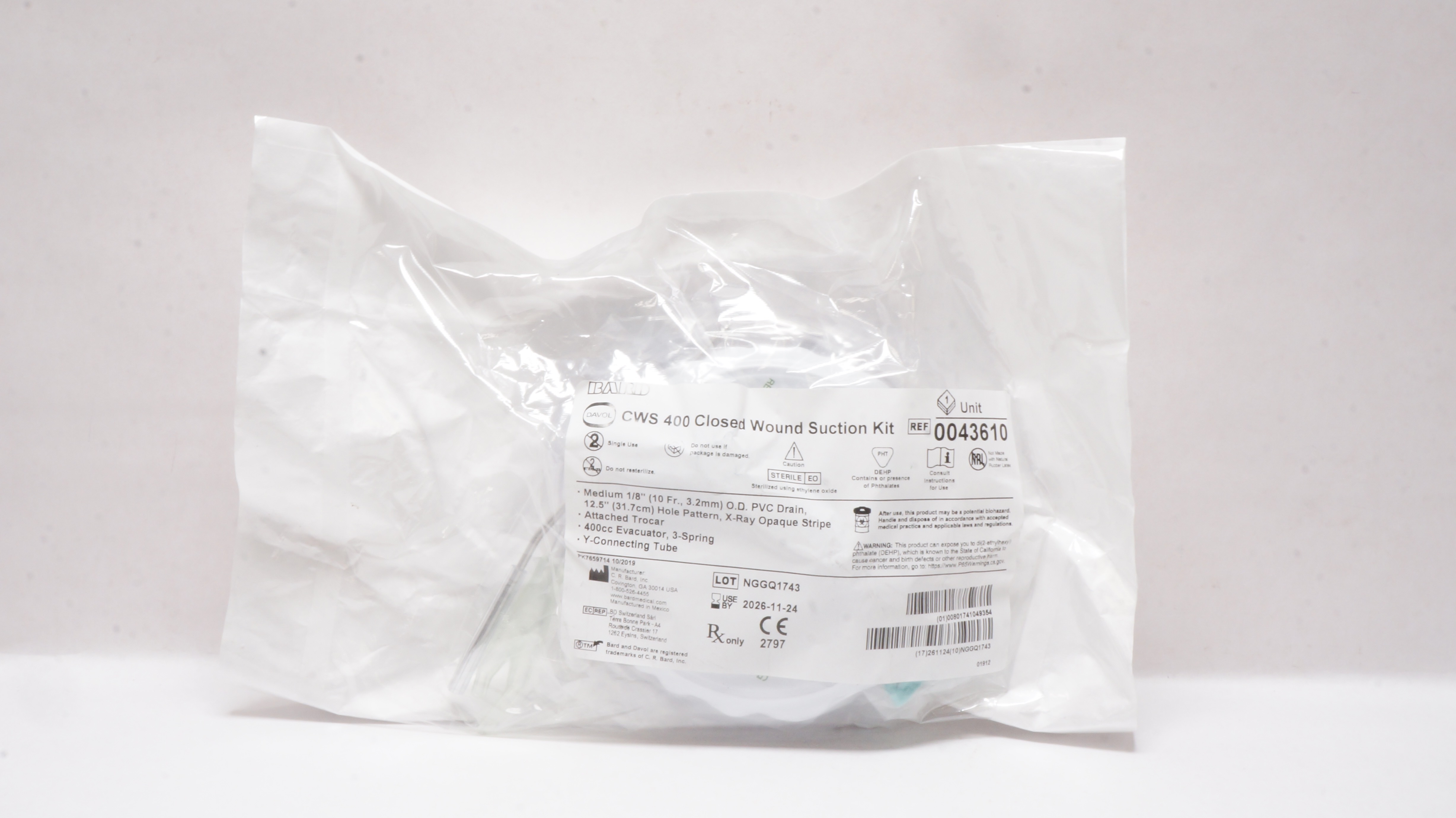 Bard 0043610 Davol CWS 400 Closed Wound Suction Kit