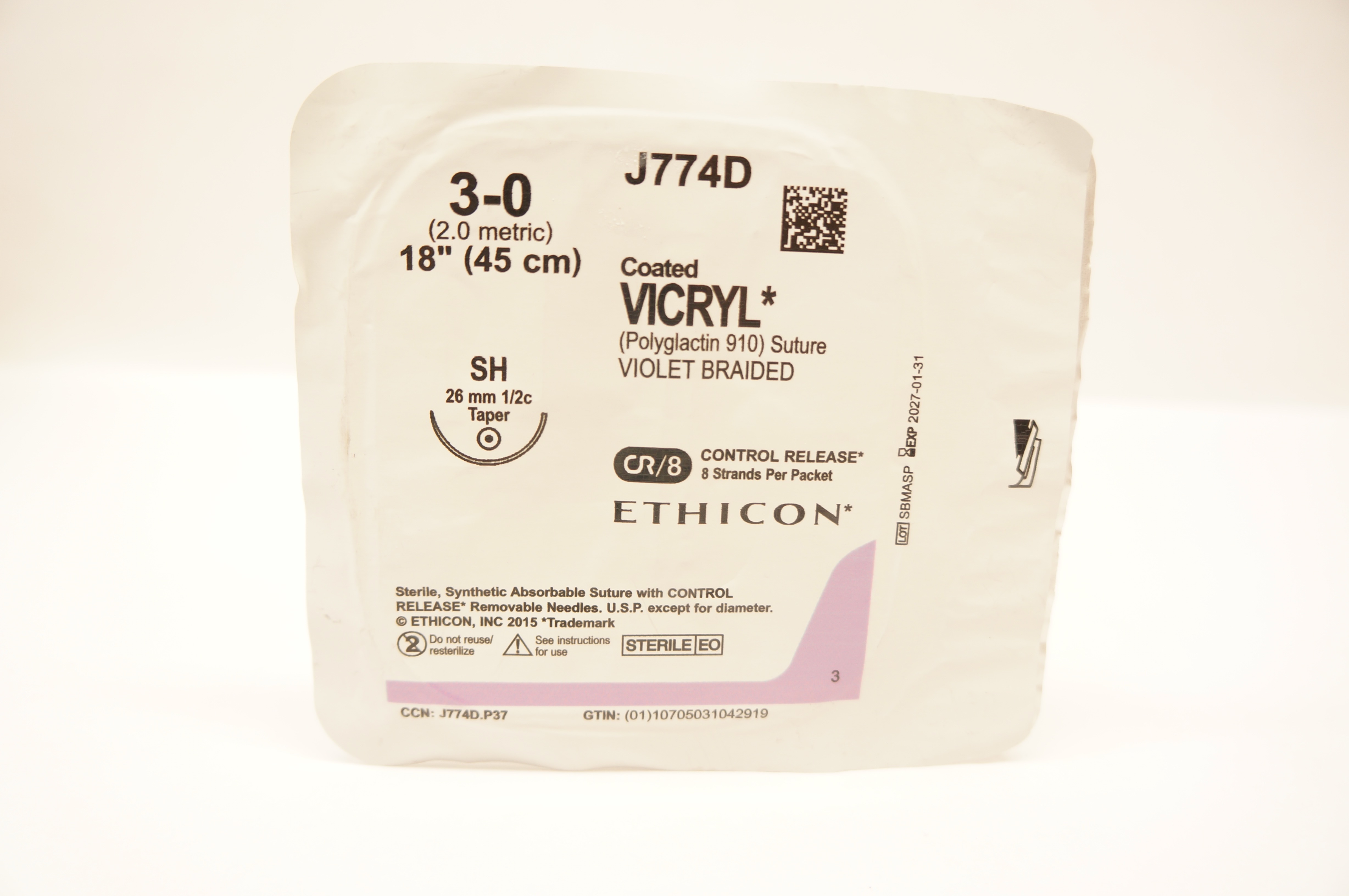 Ethicon J774D 3-0 Coated VICRYL Stre Violet Braided SH 26mm 1/2c Taper, 18inch