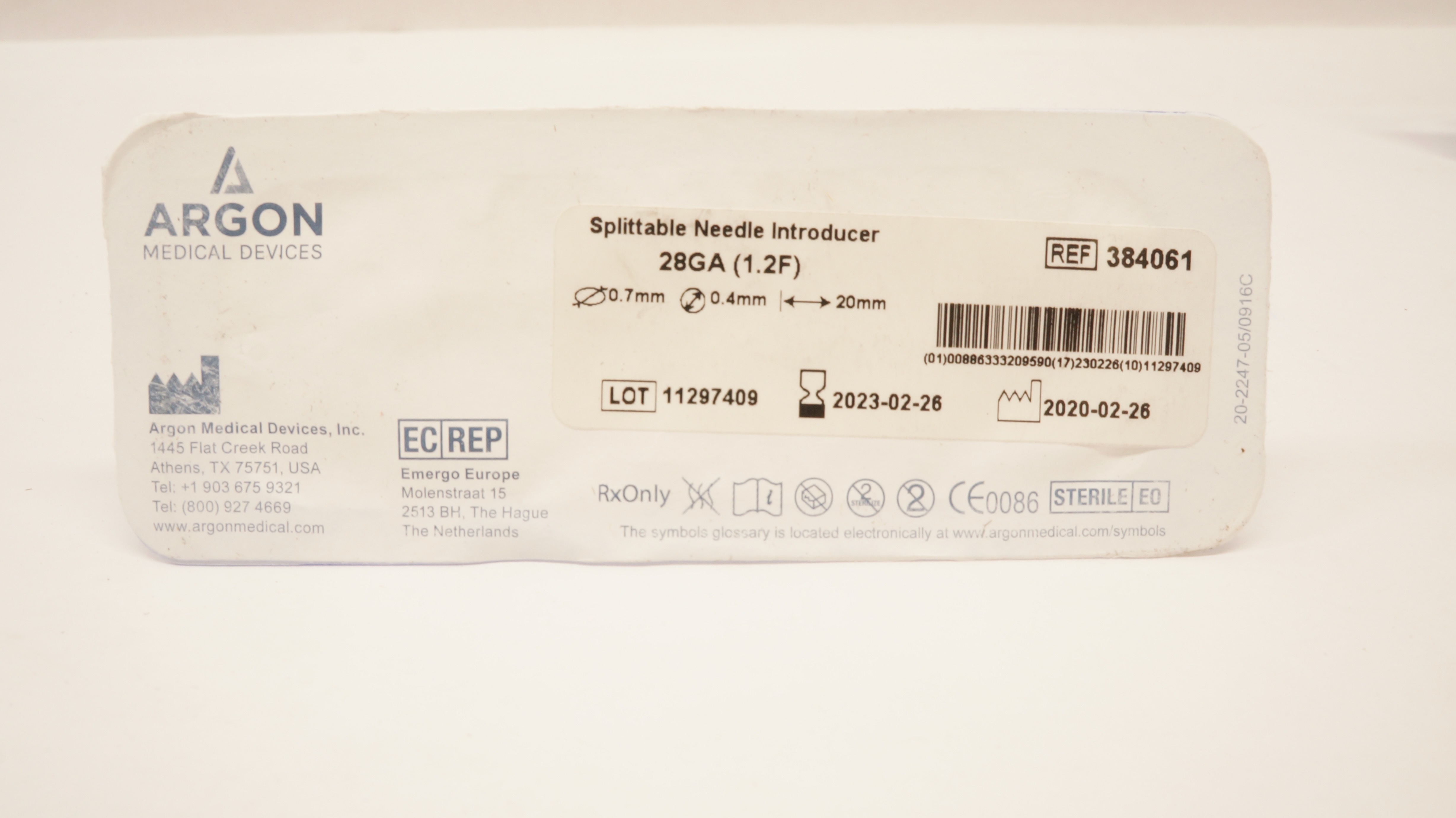 Argon 384061 Splittable Ndle. Introducer 28Ga x 20mm (x)