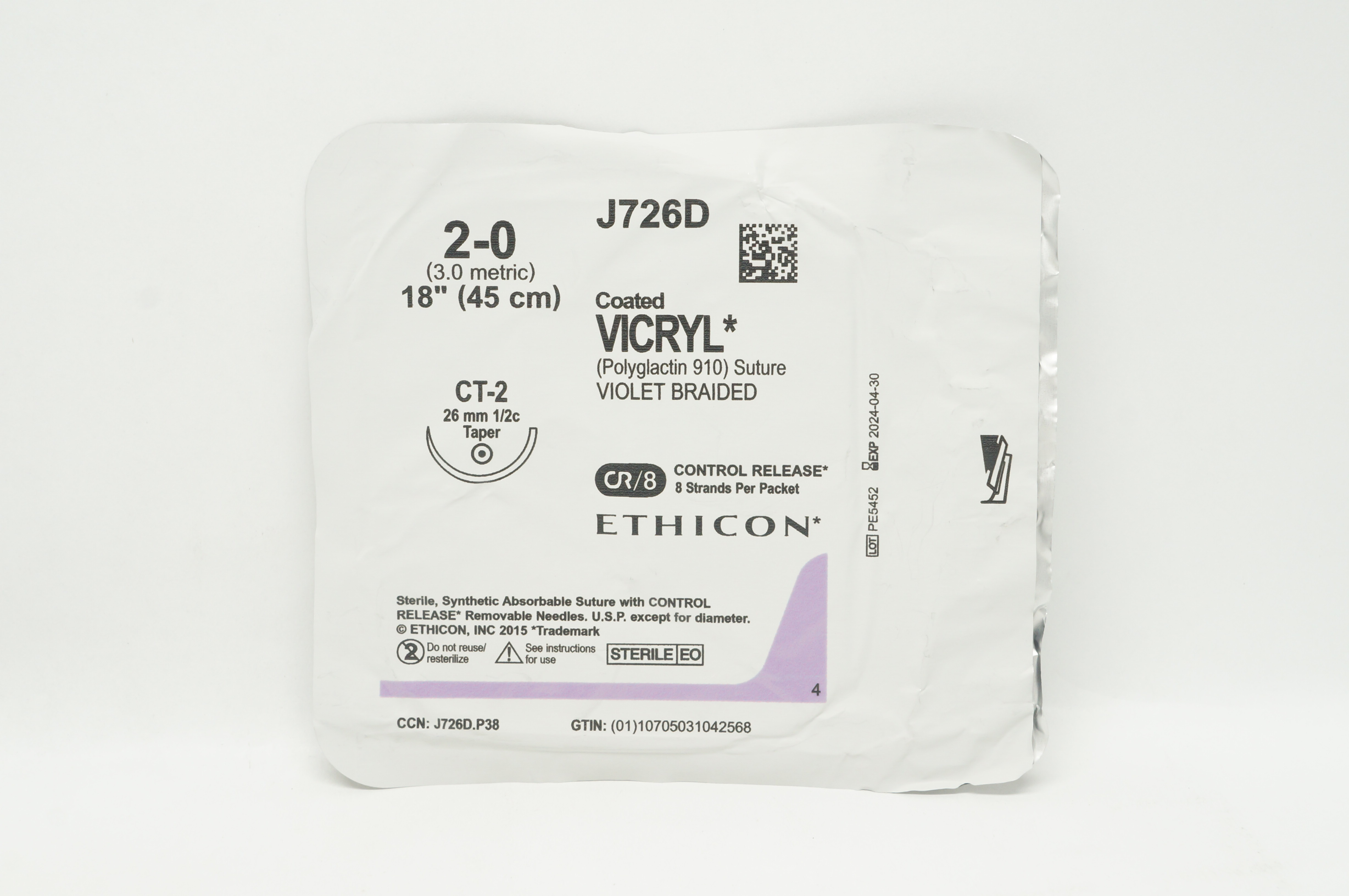 Ethicon J726D 2-0 Coated VICRYL Stre CT-2 26mm 1/2c Taper, 18inch