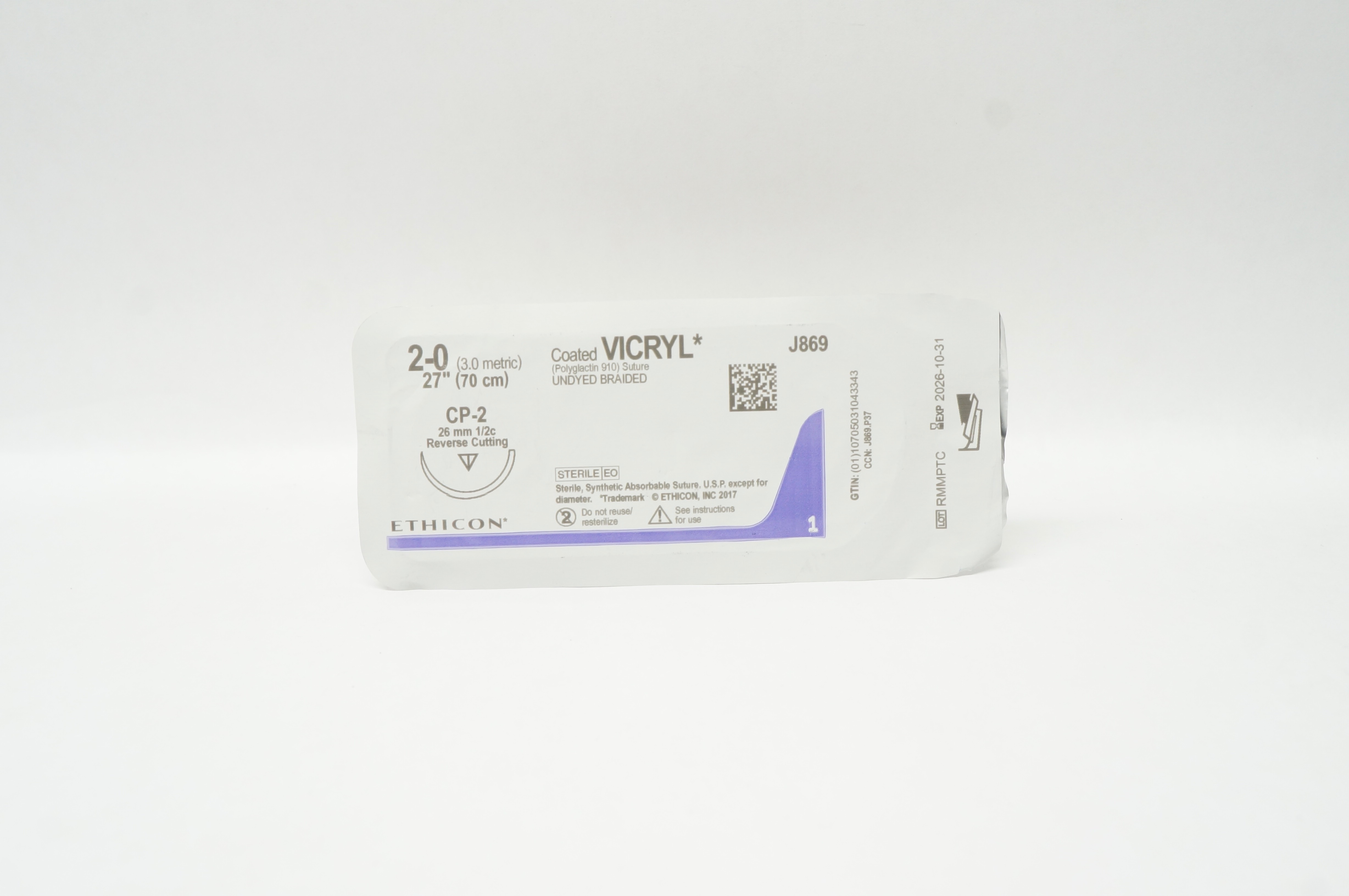 Ethicon J869 2-0 Coated Vicryl,  CP-2, 26mm 1/2c Reverse Cutting, 27inch