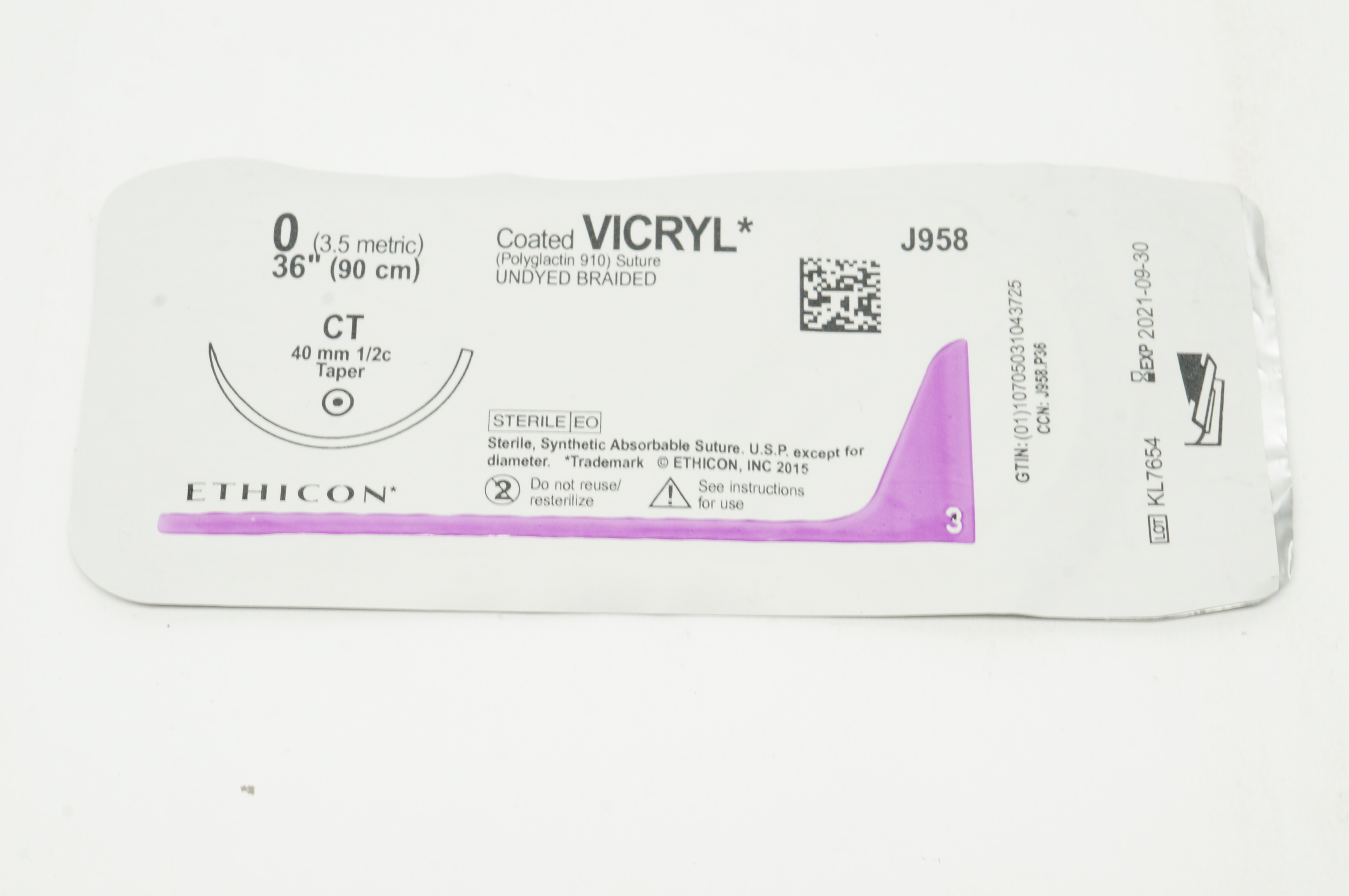 Ethicon J958 0 Coated VICRYL Polyglactin Stre CT 40mm 1/2c Taper 36 inch (x)