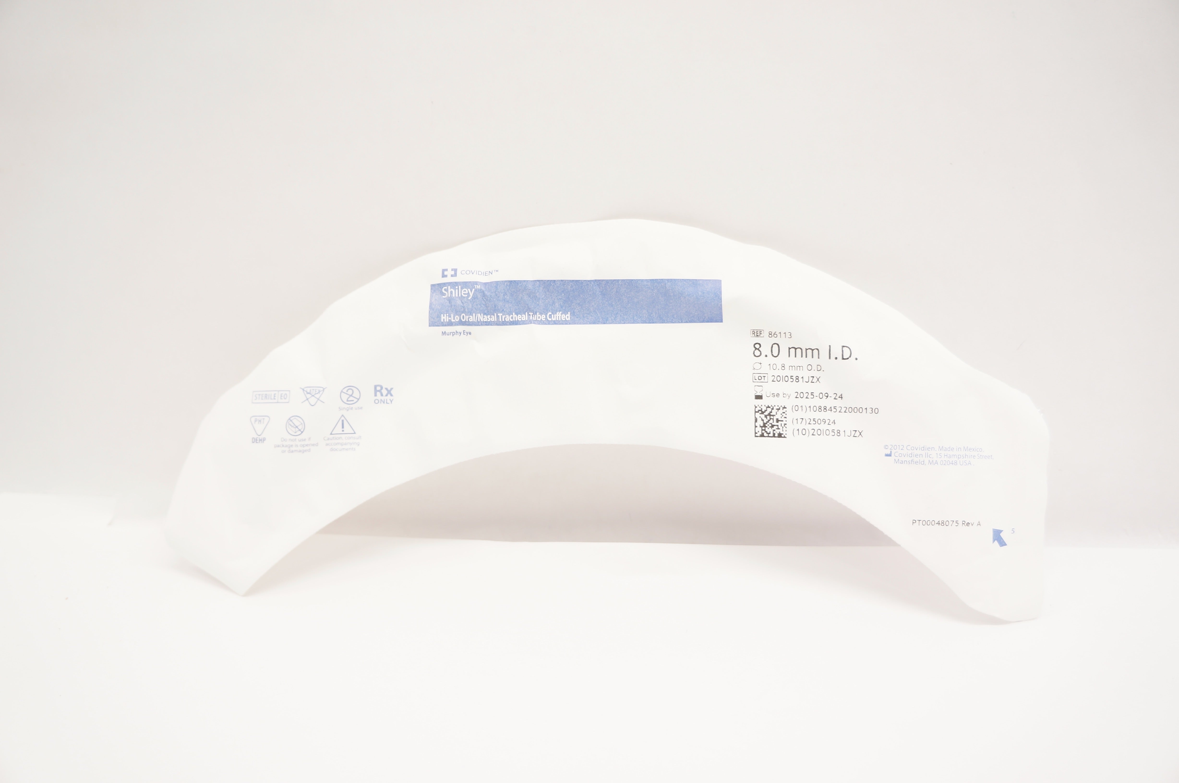 Covidien 86113 Shiley Hi-Lo Oral/Nasal Tracheal Tube Cuffed 8.0mm ID x 10.8mm OD