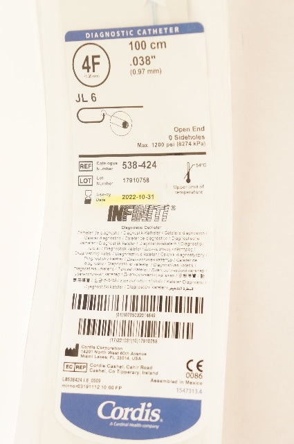 Cordis 538-424 Infiniti Diagnostic Cath. 4F x 100cm x 0.038inch JL6 (x)