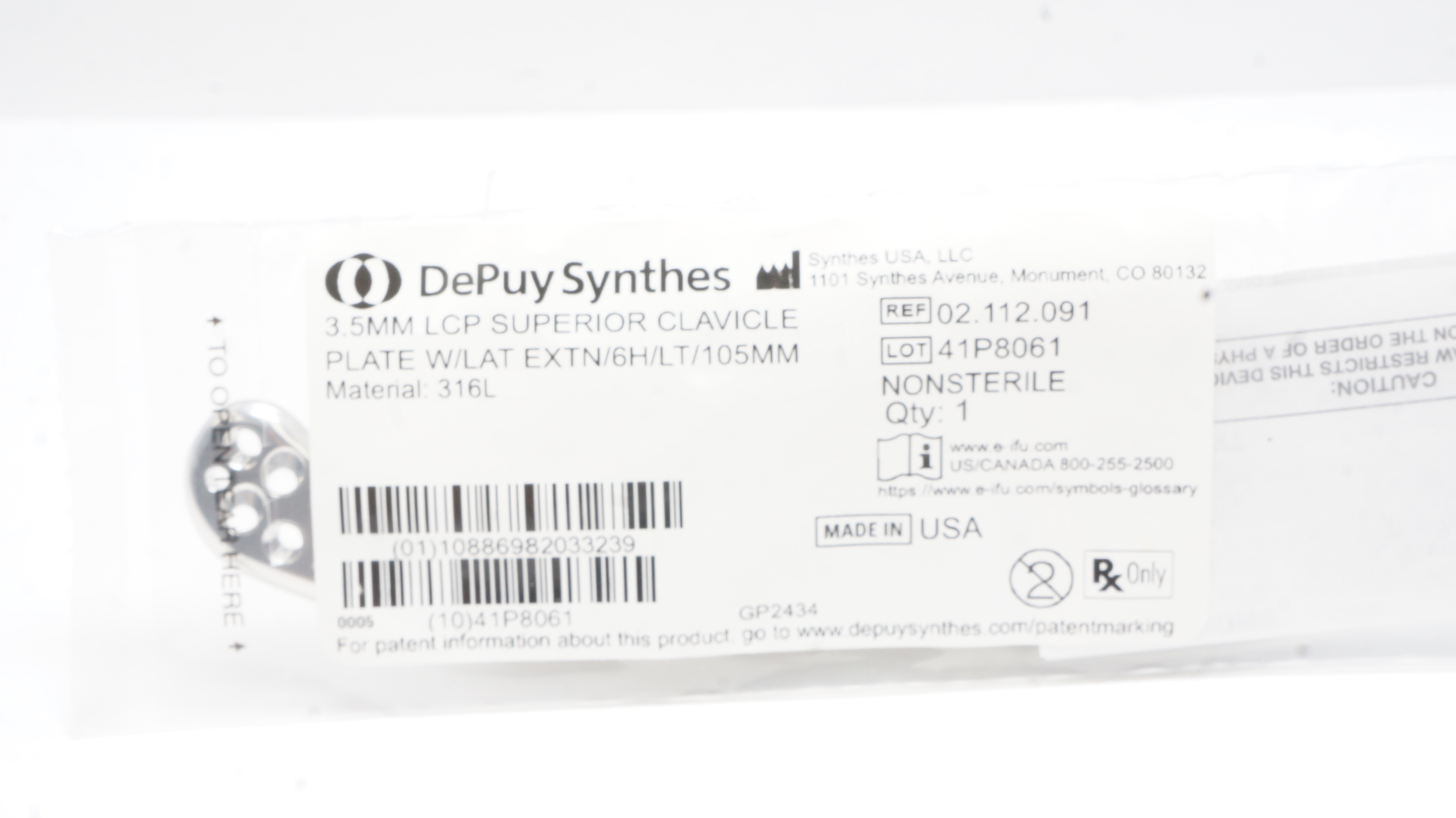Synthes 02.112.091 3.5mm LCP Superior Clvicle Plate W/LAT Extn/6H/LT/105mm