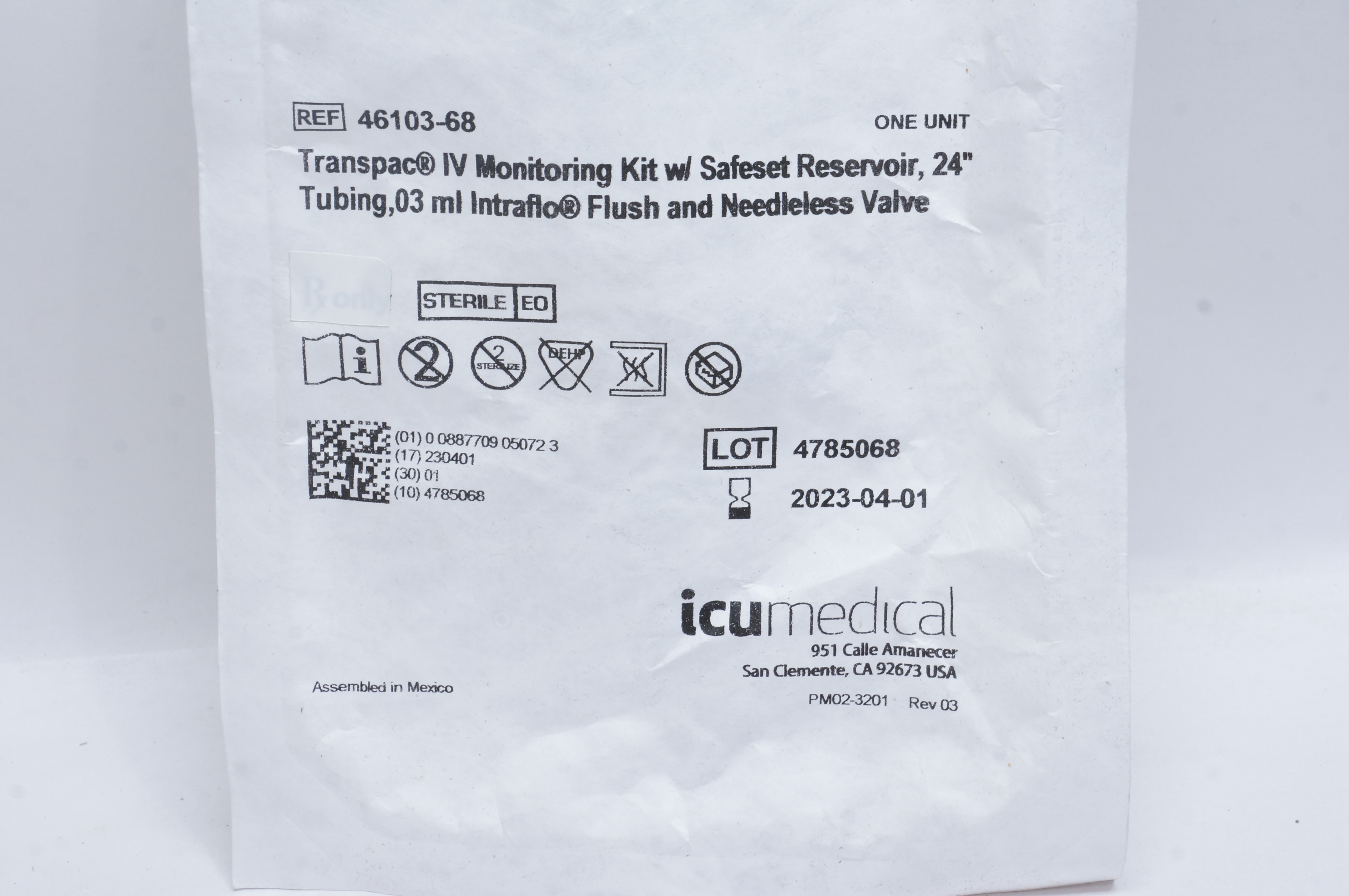ICU Medical 46103-68 Transpac IV Monitoring Kit w/ Safeset Reservoir, 24inch