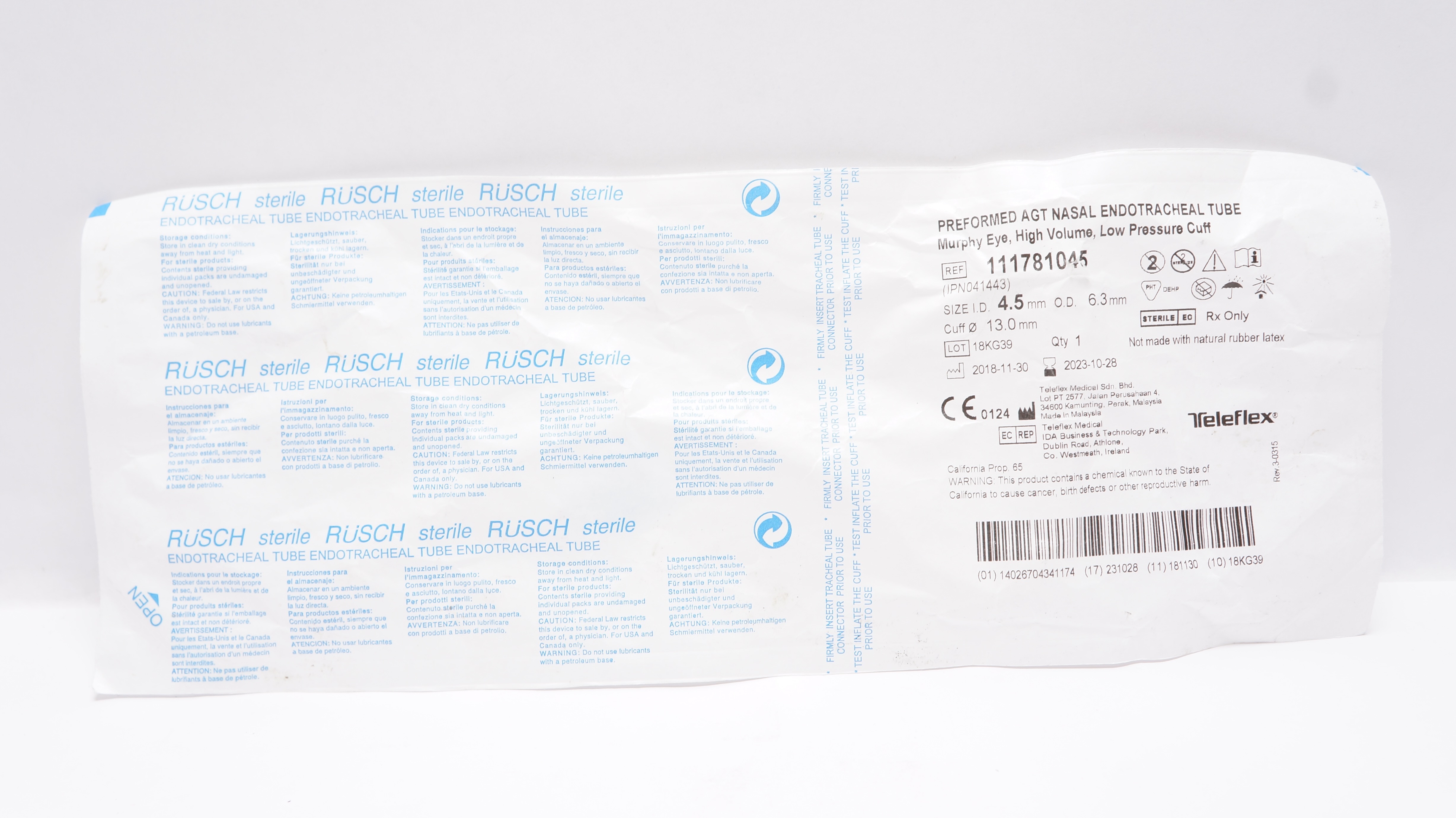 Teleflex 111781045 Preformed Agt Nasal Endotracheal Tube 4.5ID x 6.3mmOD x 13mm