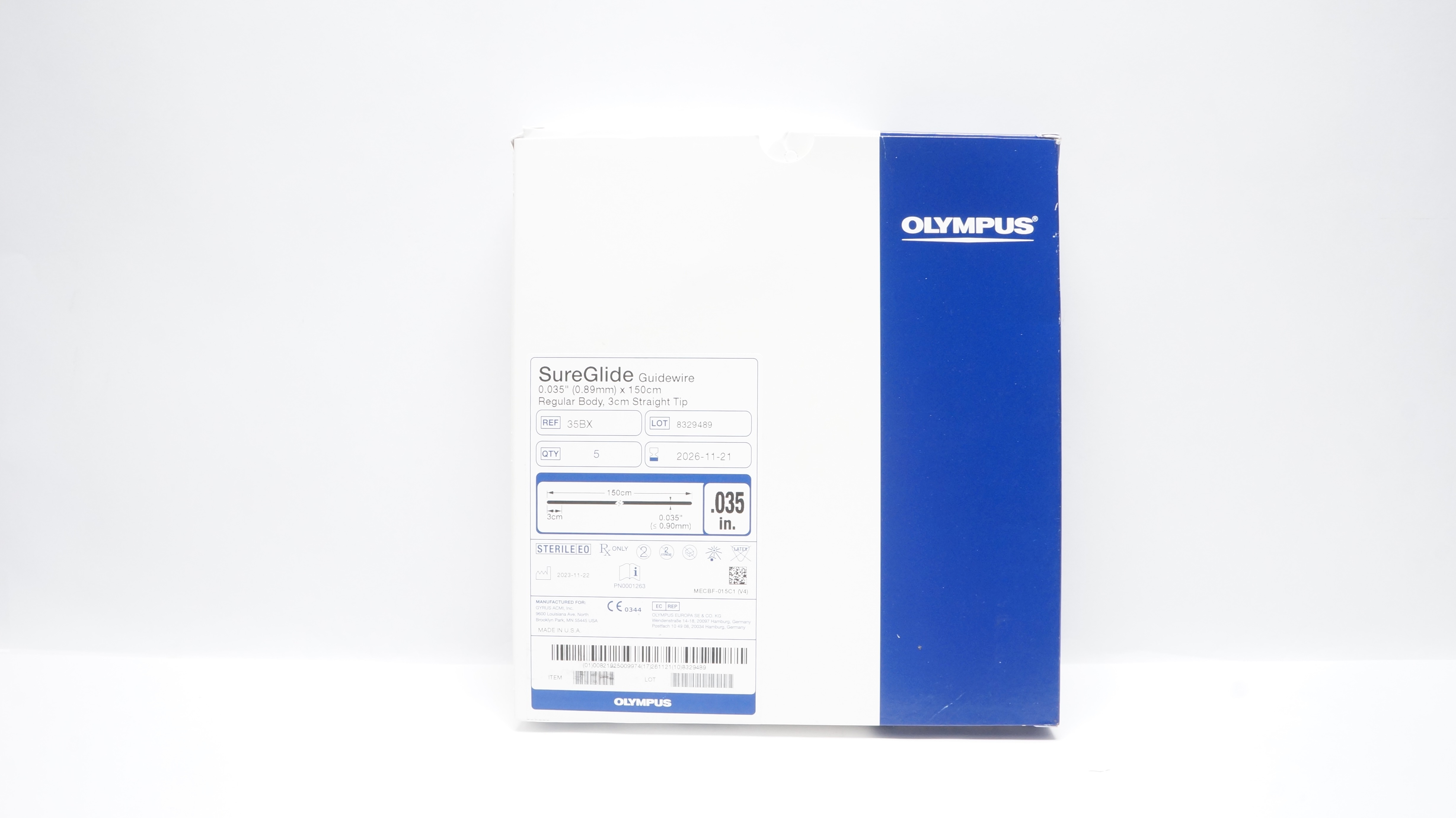 Olympus 35BX SureGlide Guidewire 0.035in x 150cm Regular Body, 3cm  - Box of 5