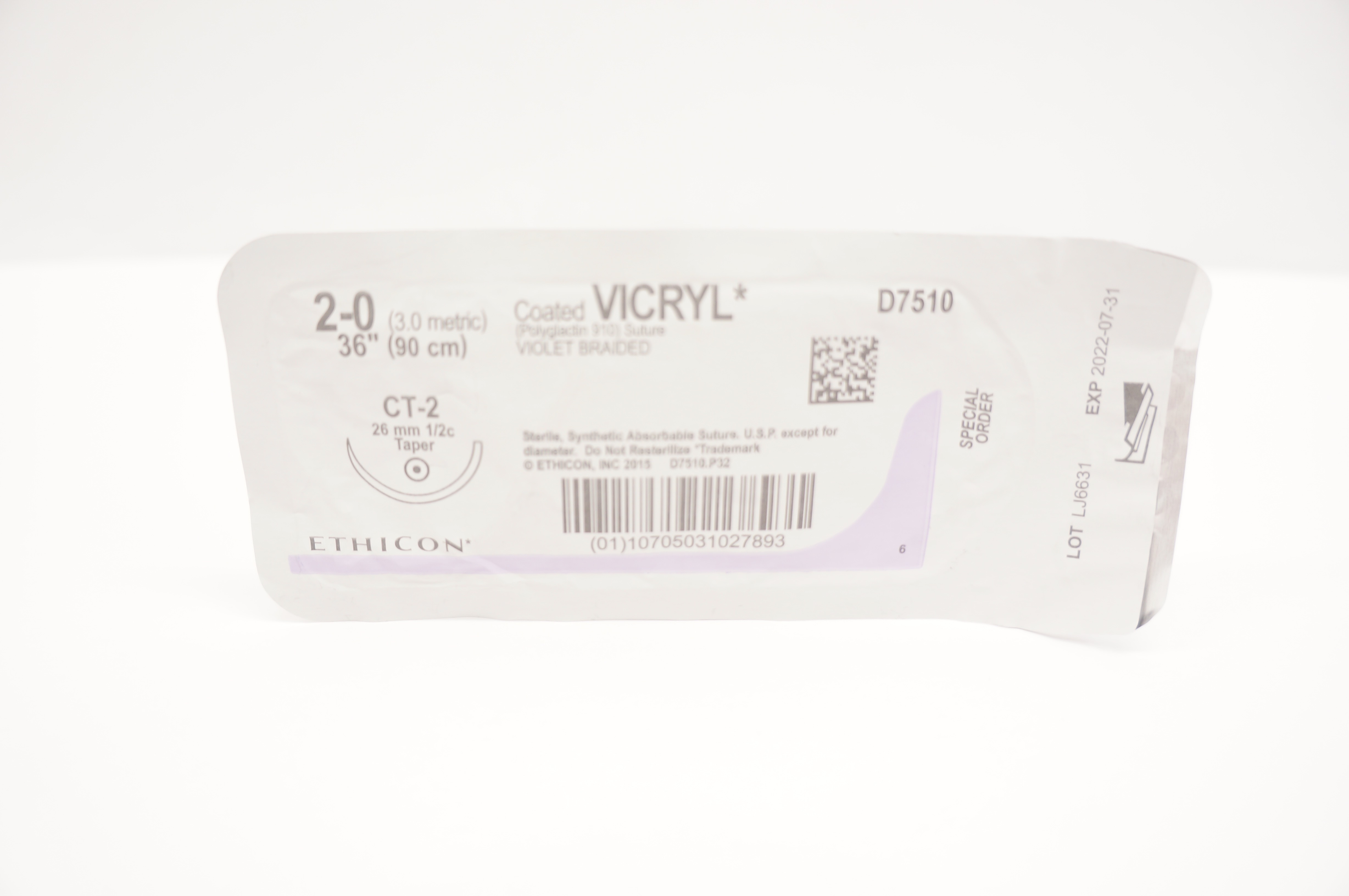 Ethicon D7510 2-0 Coated Vicryl Violet Braided CT-2 26mm 1/2c Taper 36inch (x)