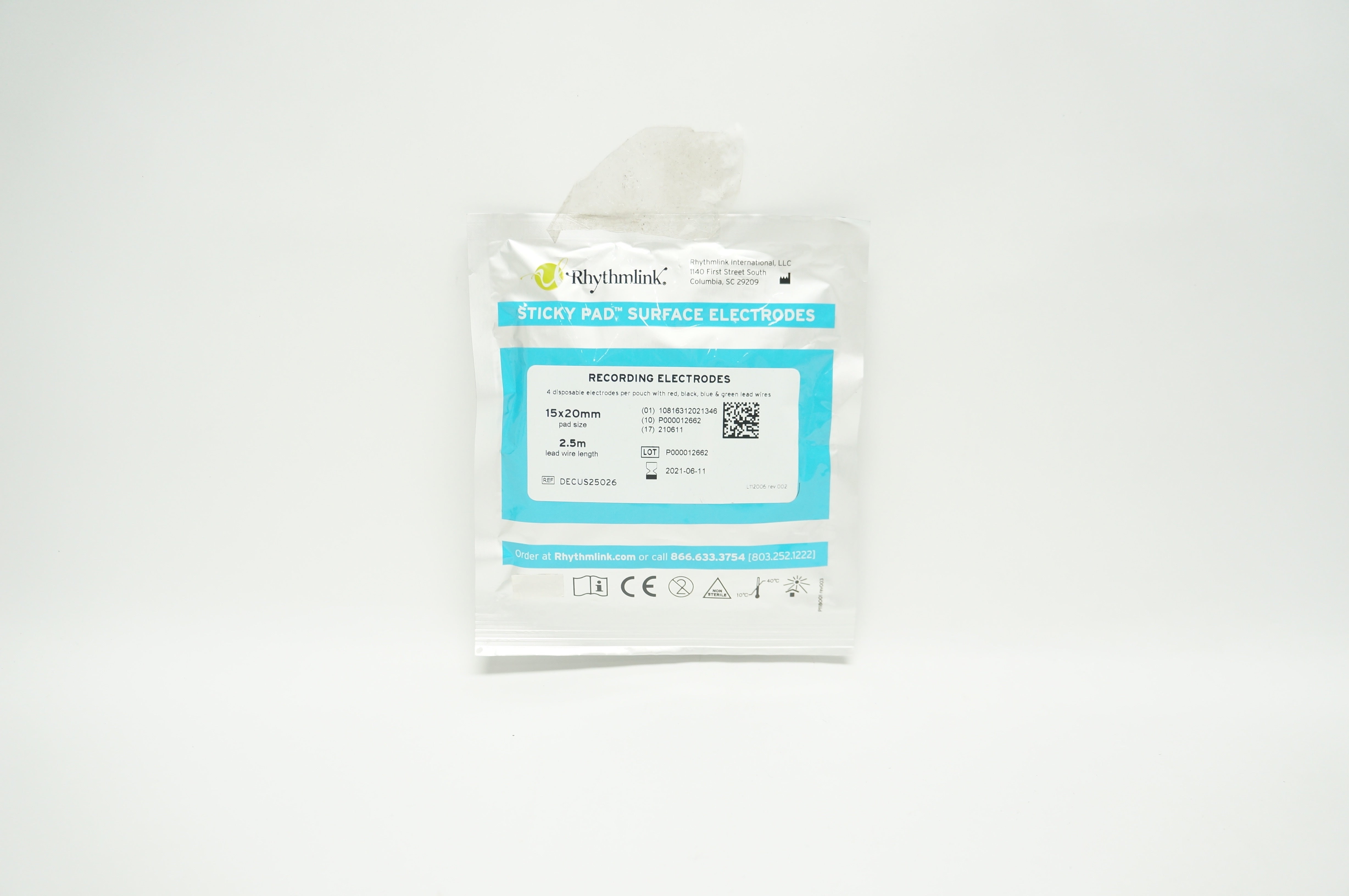 Rhythmlink DECUS25026 Sticky Pad Surface Electrodes 15mm x 20mm Wire Length 2.5m