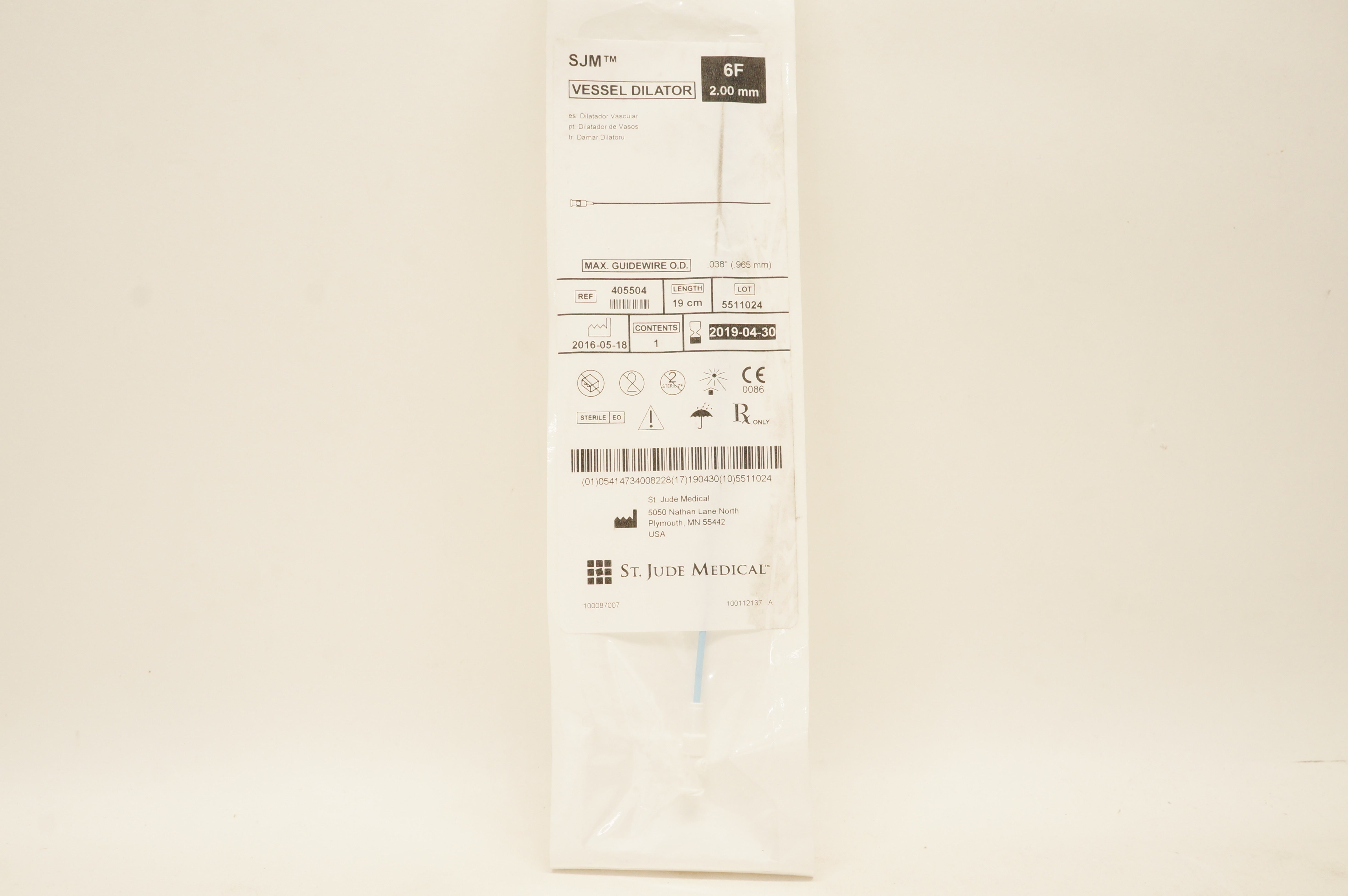St. Jude Medical 405504 SJM Vessel Dialtor 6F x 2.00mm x .038inch (x)