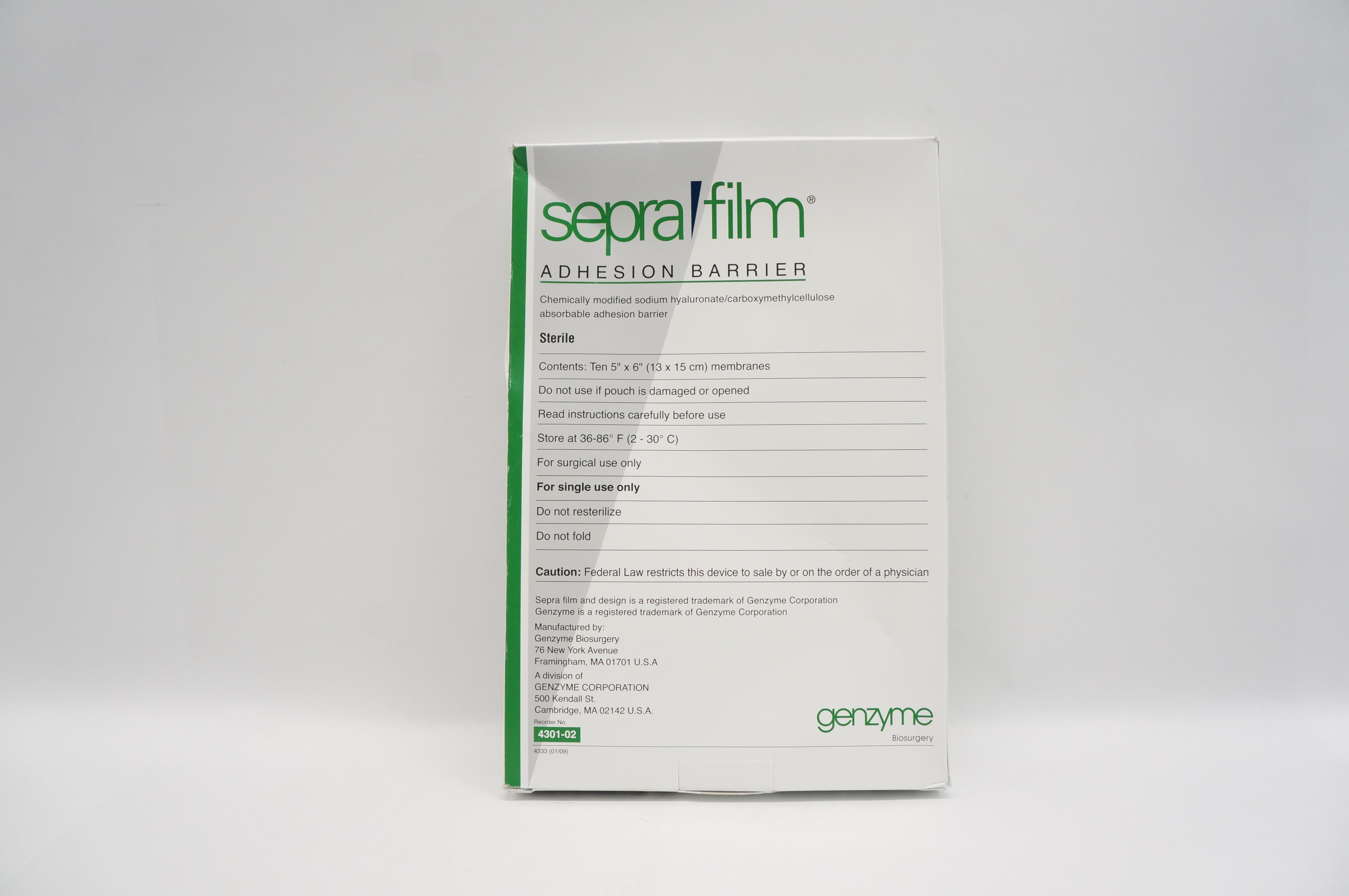 Genzyme 4301-02 Sepra Firm Adhesion Barrier 5inch x 6inch (x) - Box of 10