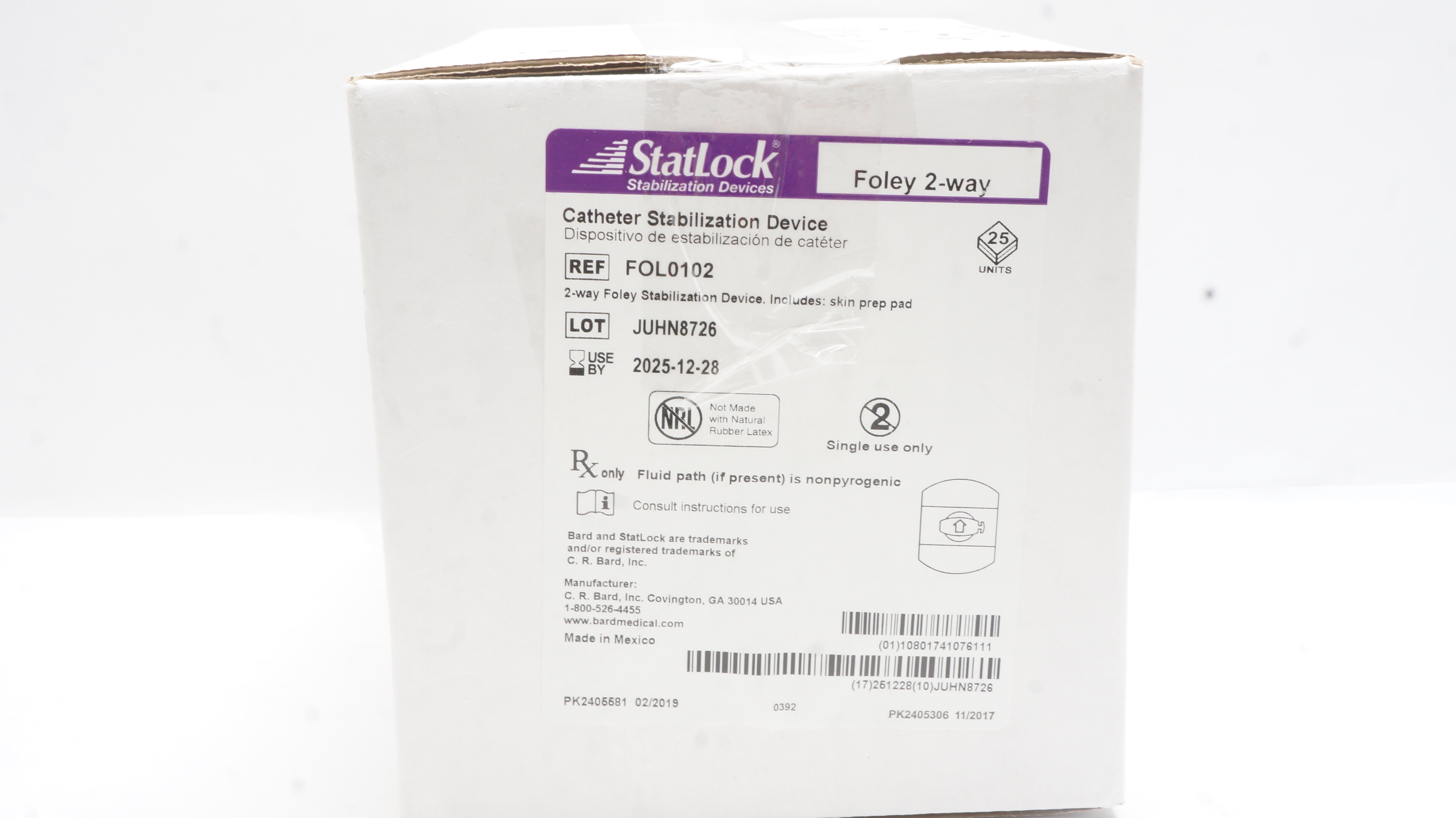 Bard FOL0102 Statlock Cath. Stabilization Device Foley 2-Way - Box of 24