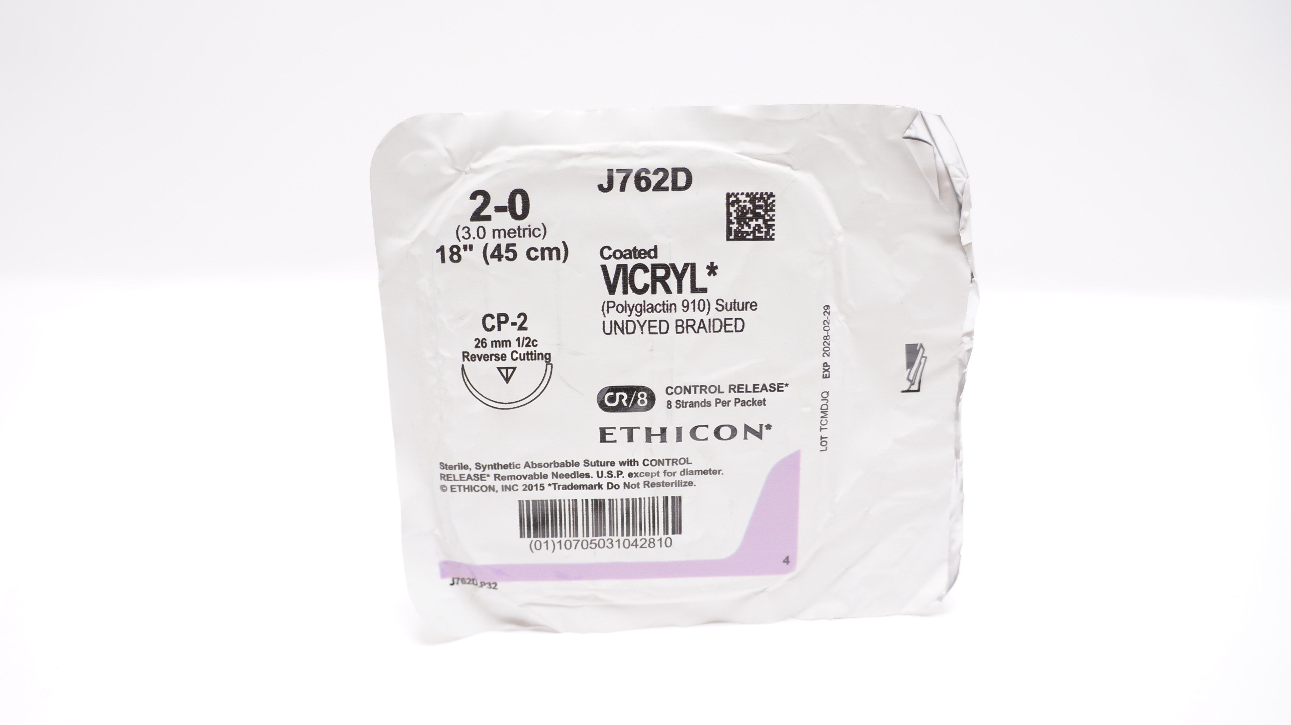 Ethicon J762D 2-0 Coated VICRYL, CP-2, 26mm 1/2c Reverse Cutting, 18inch