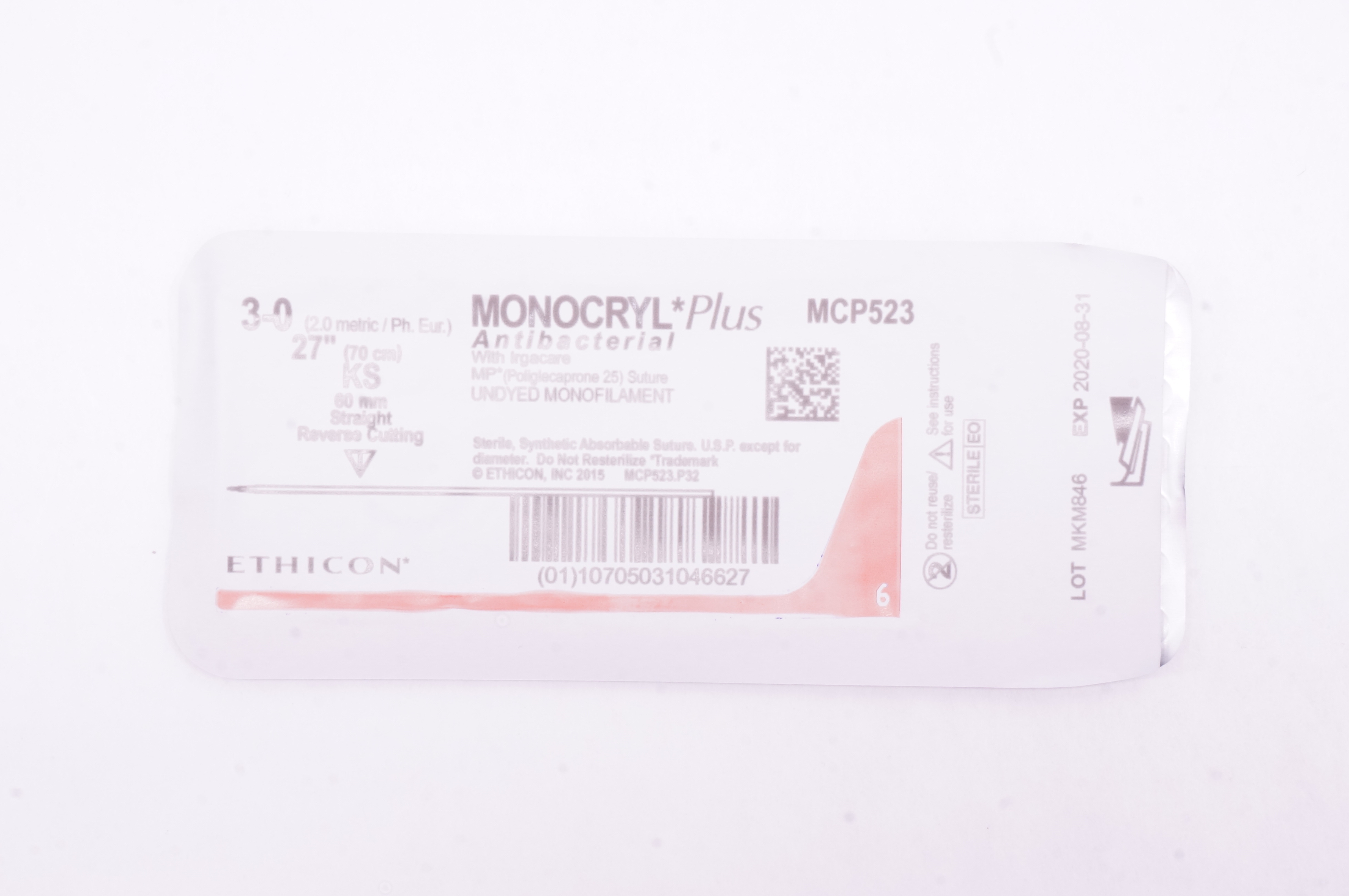 Ethicon MCP523 3-0 Monocryl Plus Stre KS 60mm Straight Reverse Cutting 27inch(x)