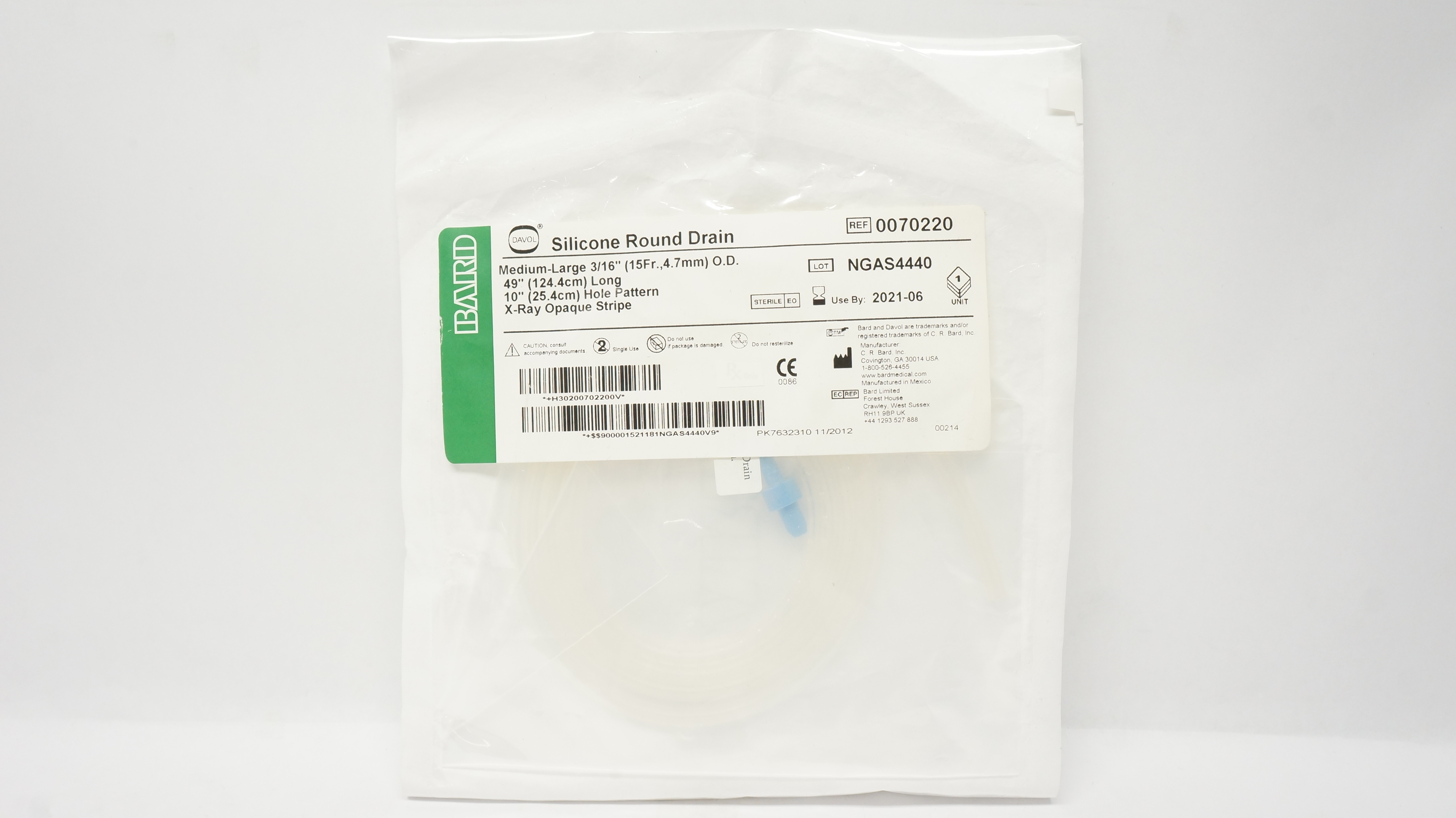 Bard 0070220 Davol Silicone Round Drain 3/16 inch O.D. x 49 inch x 10 inch (x)
