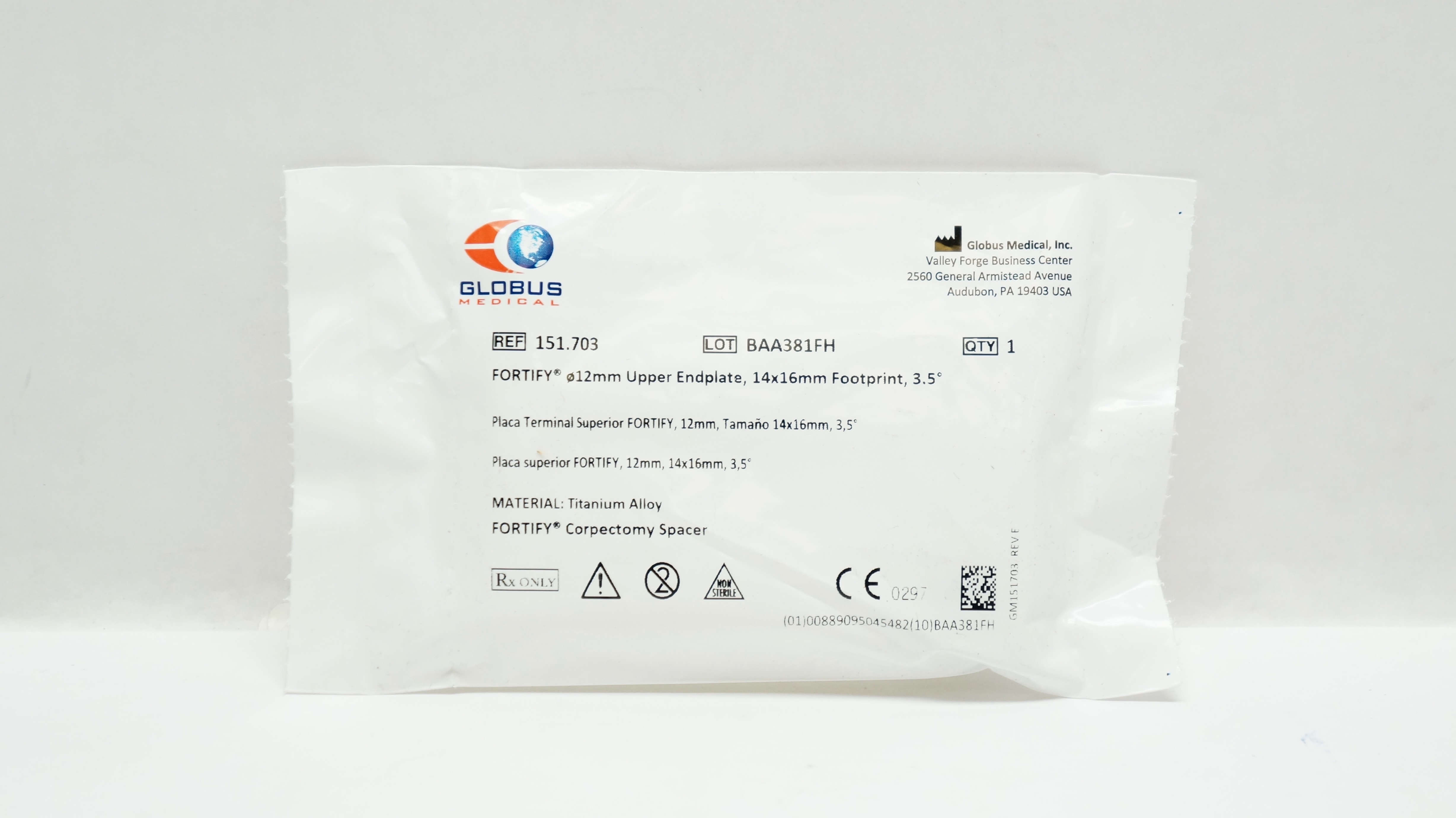 Globus Medical 151.703 Fortify 12mm Upper Endplate, 14x16mm Footprint 3.5Degree