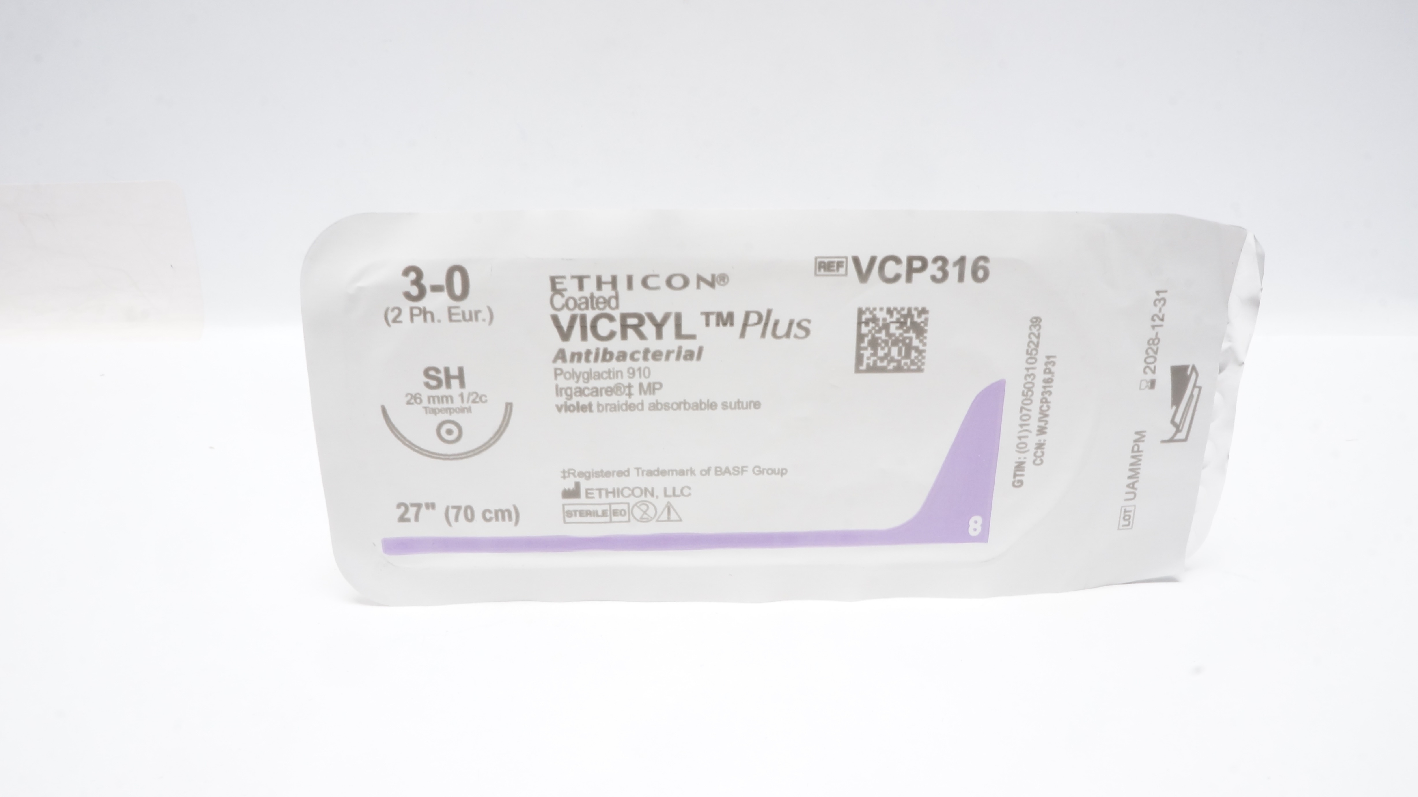 Ethicon VCP316 3-0 Coated VICRYL Plus Stre SH 26mm 1/2c Taperpoint, 27inch