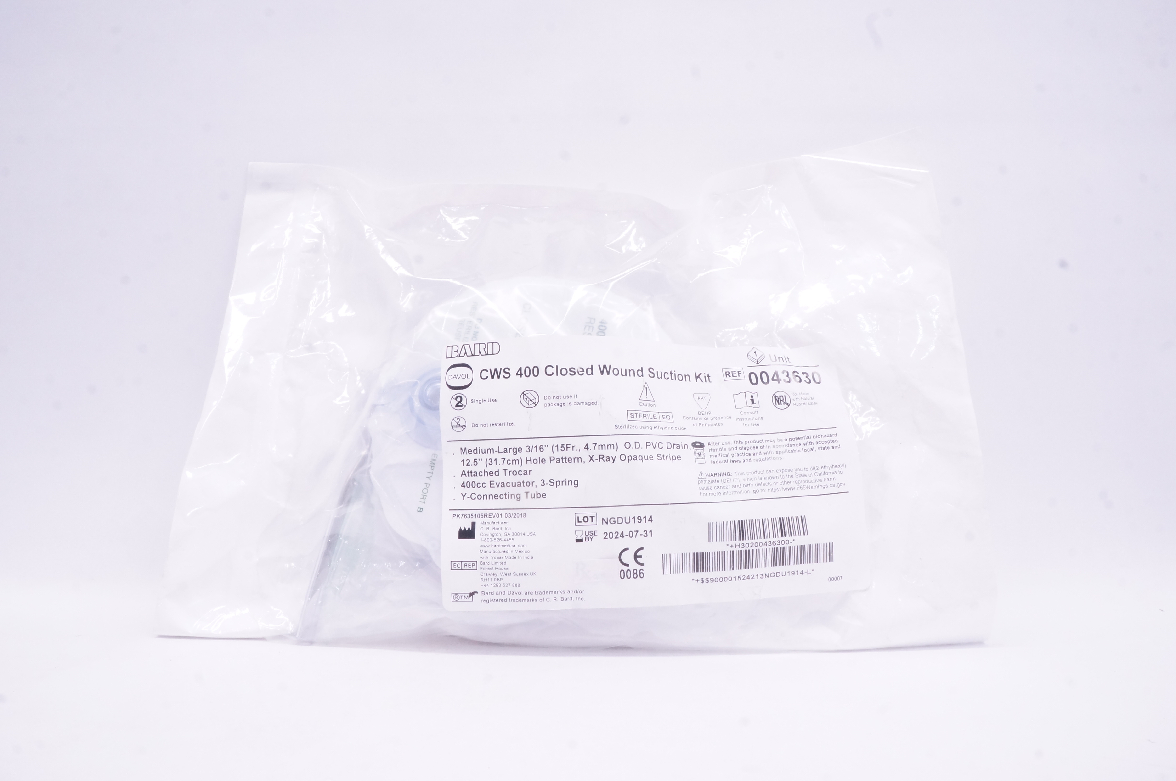 Bard 0043630 Davol CWS 400 Closed Wound Suction Kit