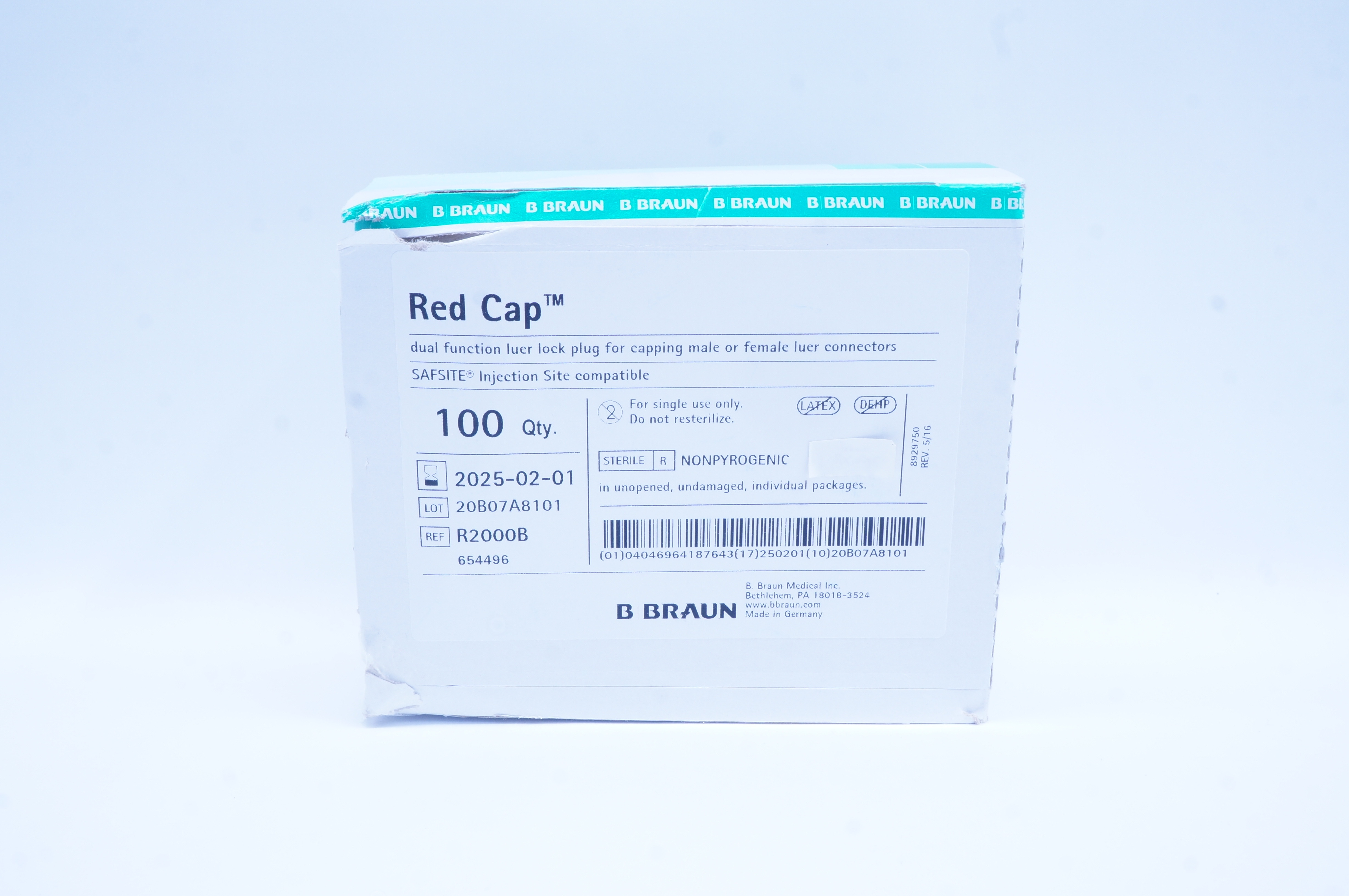 Braun R2000B Red Cap Dual Function Luer Lock Plug - Box of 100