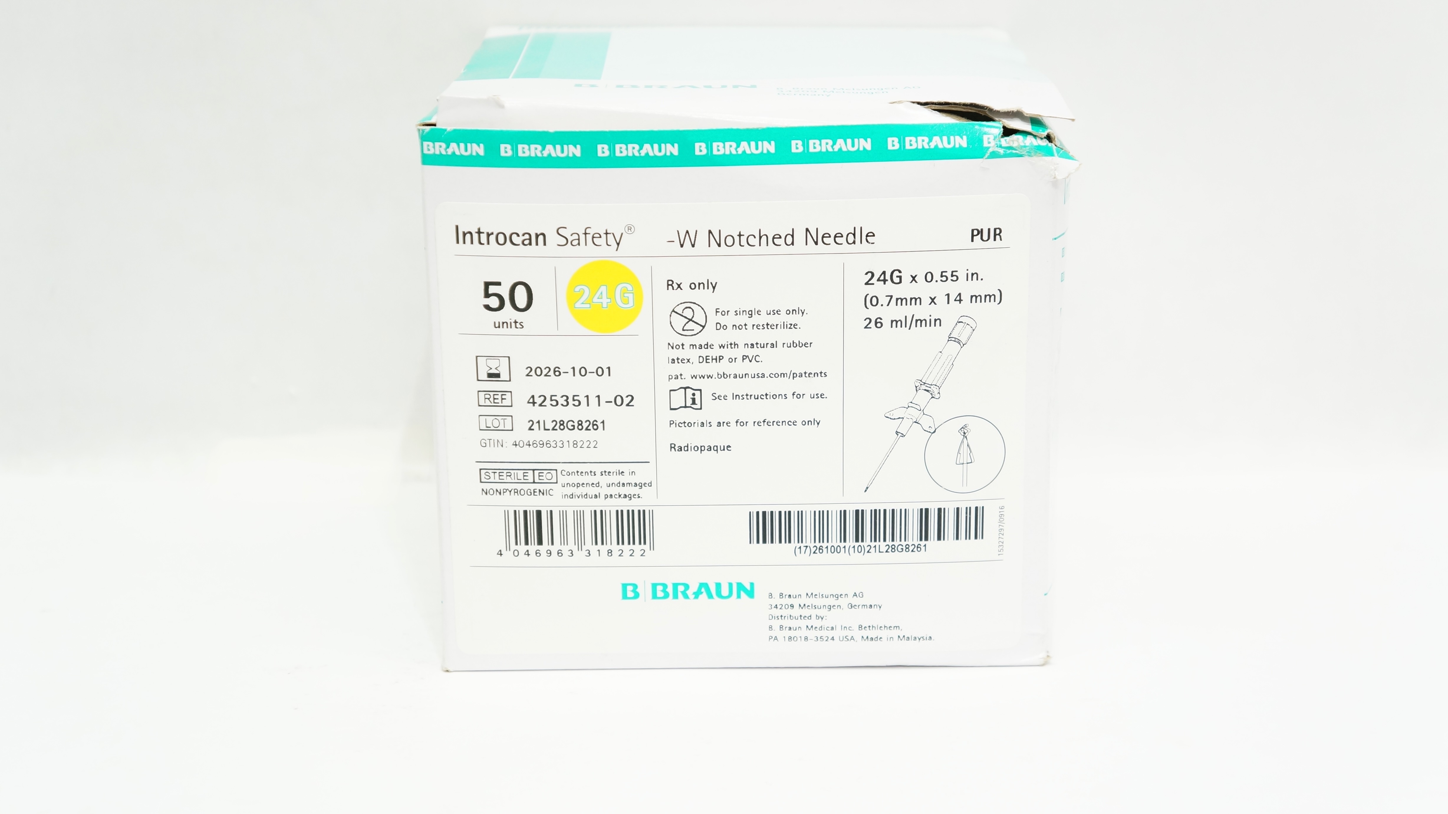 Bard 4253511-02 PUR Introcan Safety Winged Notched Ndle 24Gx0.55inch - Box of 50
