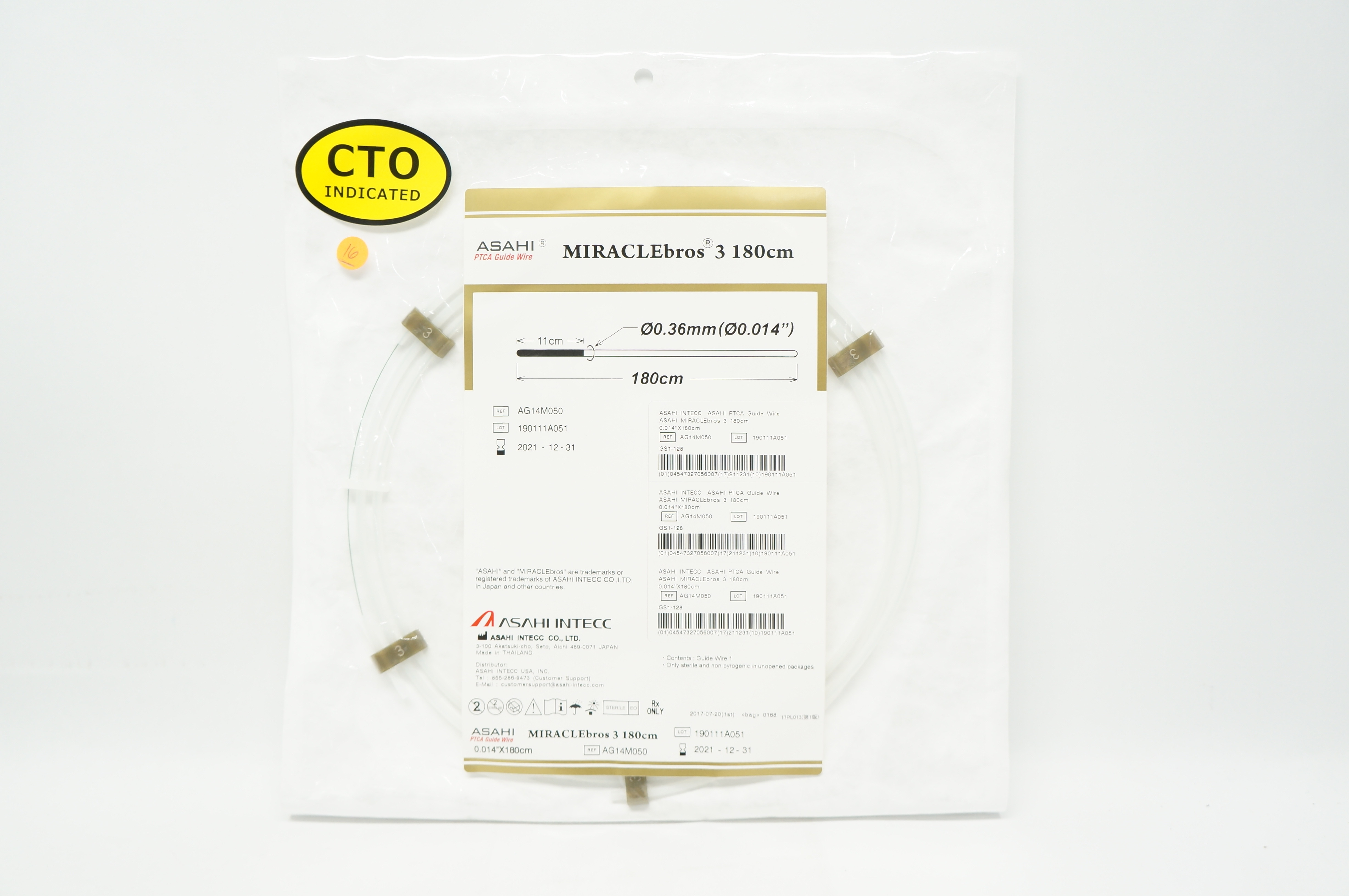 Asahi Intecc AG14M050 MIRACLEbros 3 PTCA Guide Wire, 0.014in. x180cm.