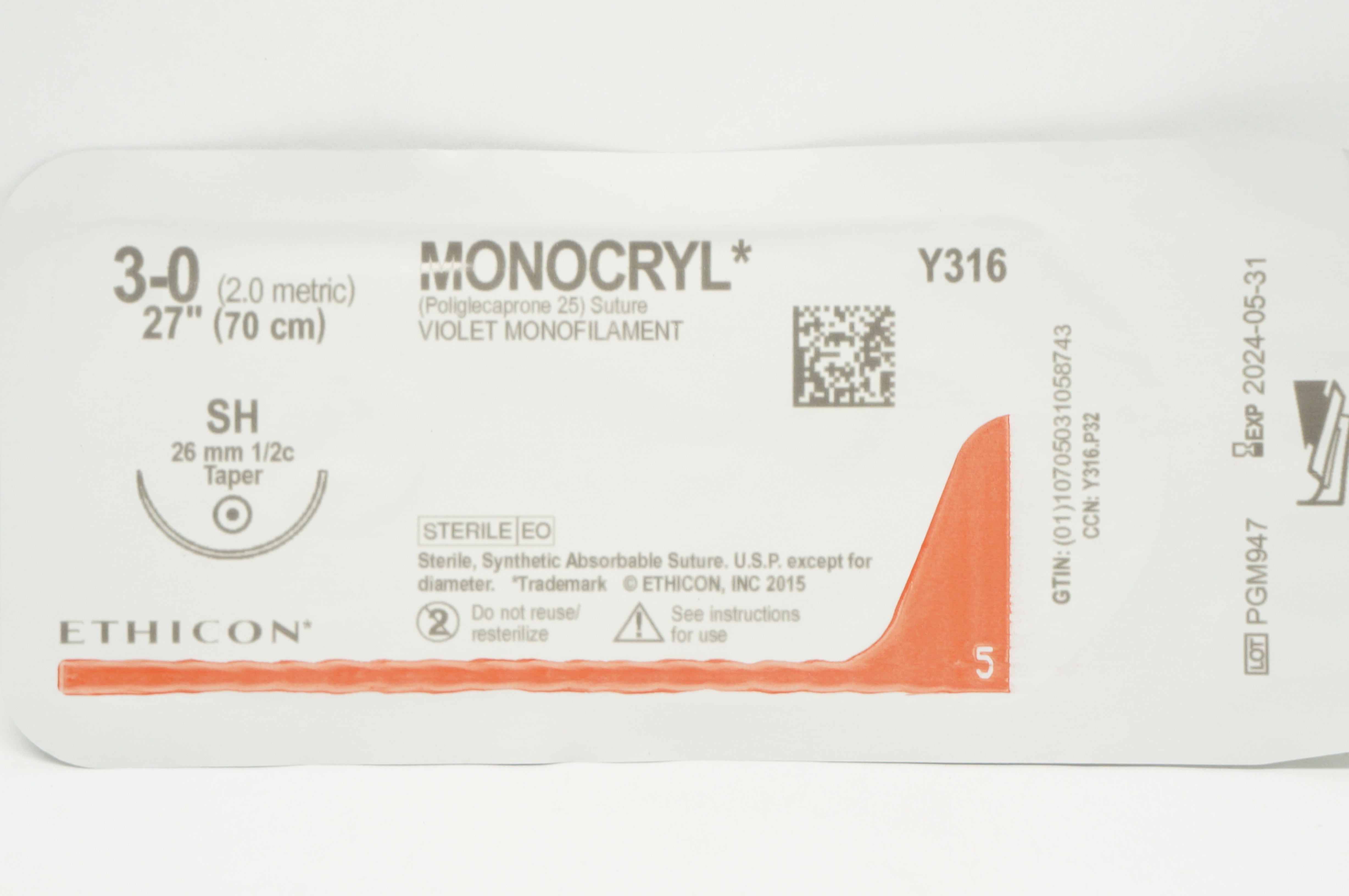Ethicon Y316 3-0 Monocryl Poliglecaprone 25 Stre SH 26mm 1/2c Taper, 27 inch
