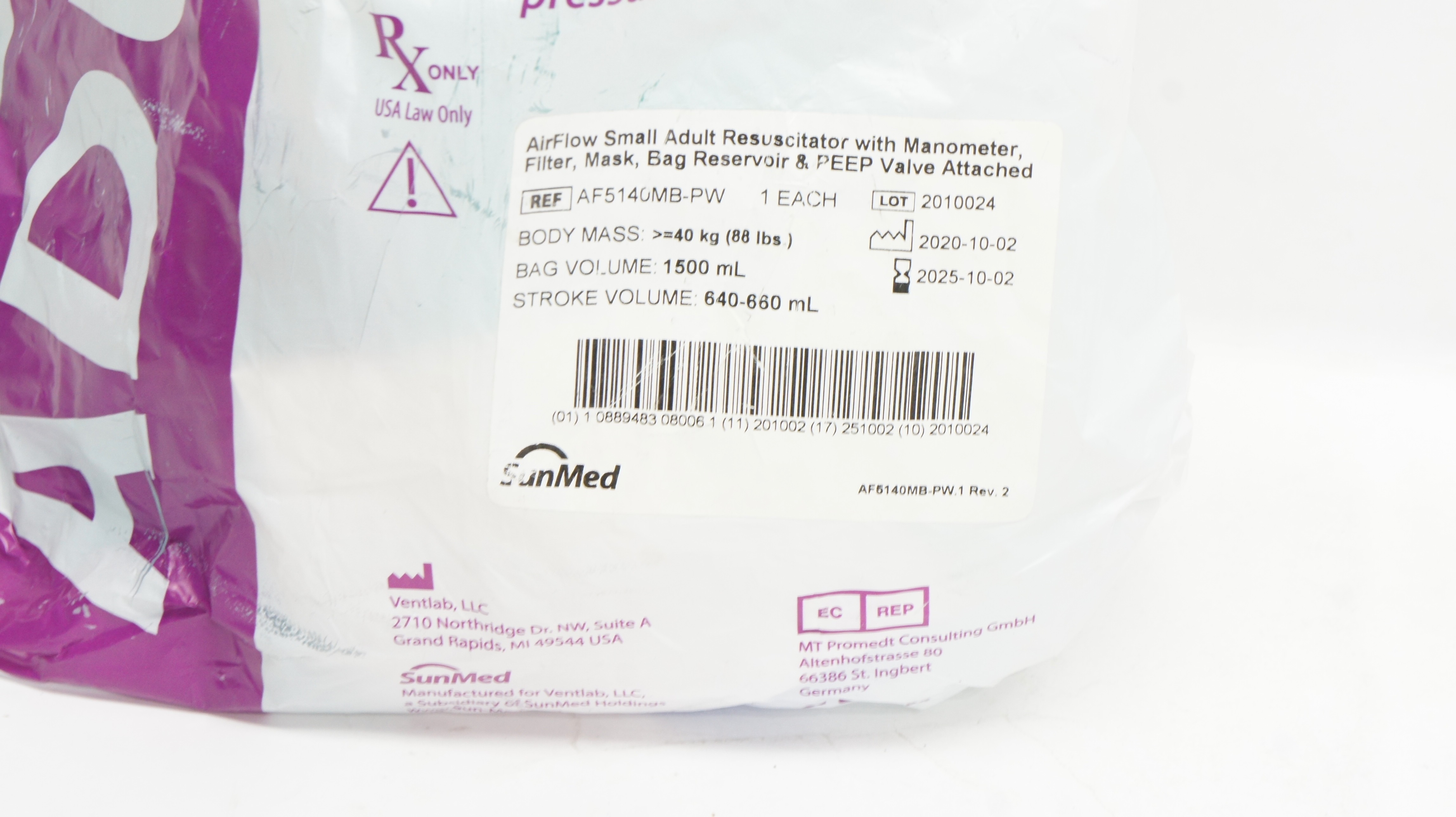 SunMed AF5140MB-PW AirFlow Small Adult Resuscitator w/Manometer, Filter, Mask