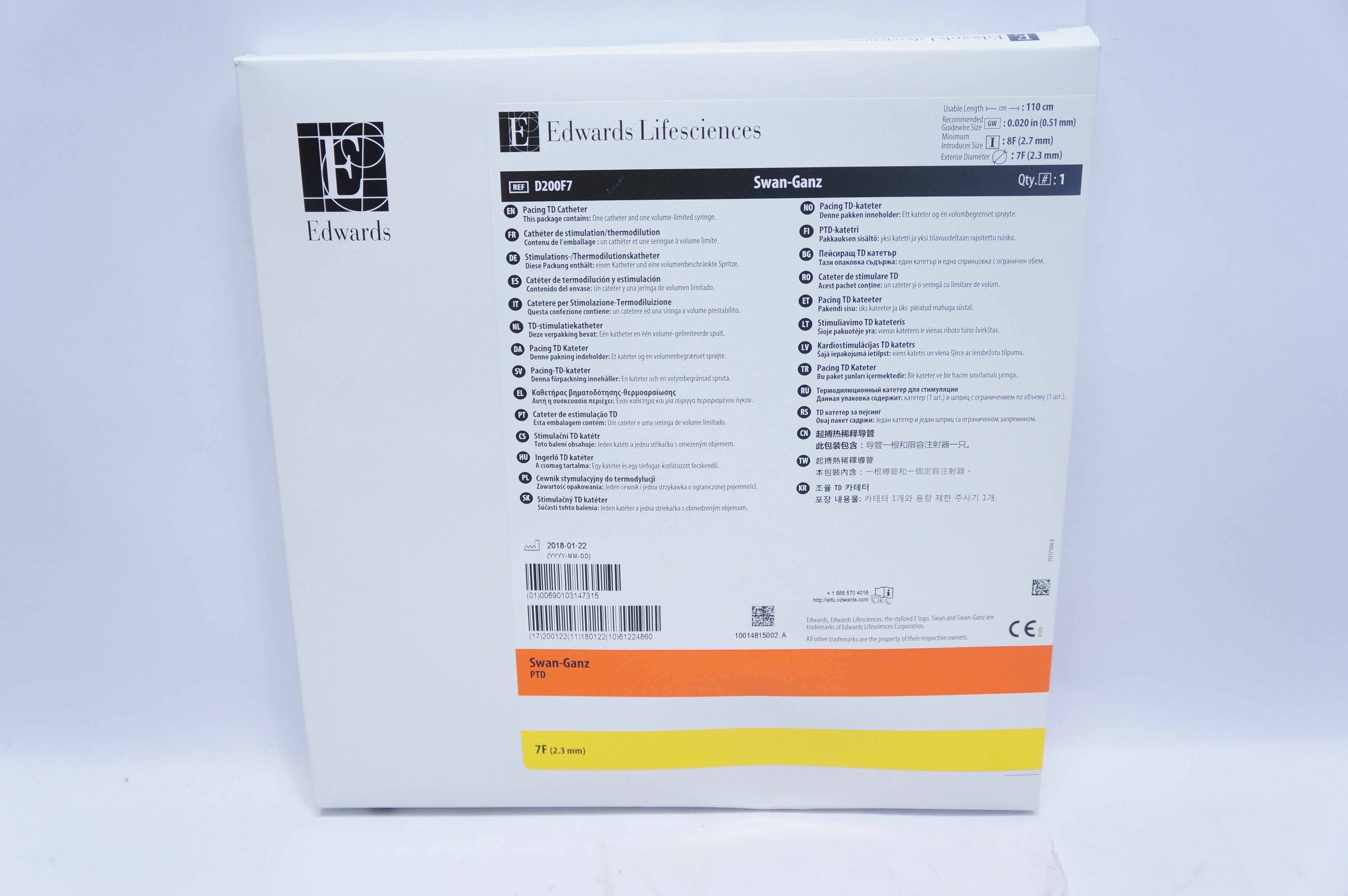 Edwards D200F7 Swan-Ganz Pacing TD Cath. 7F.x 110cm x 0.020inch x 8F. (x)