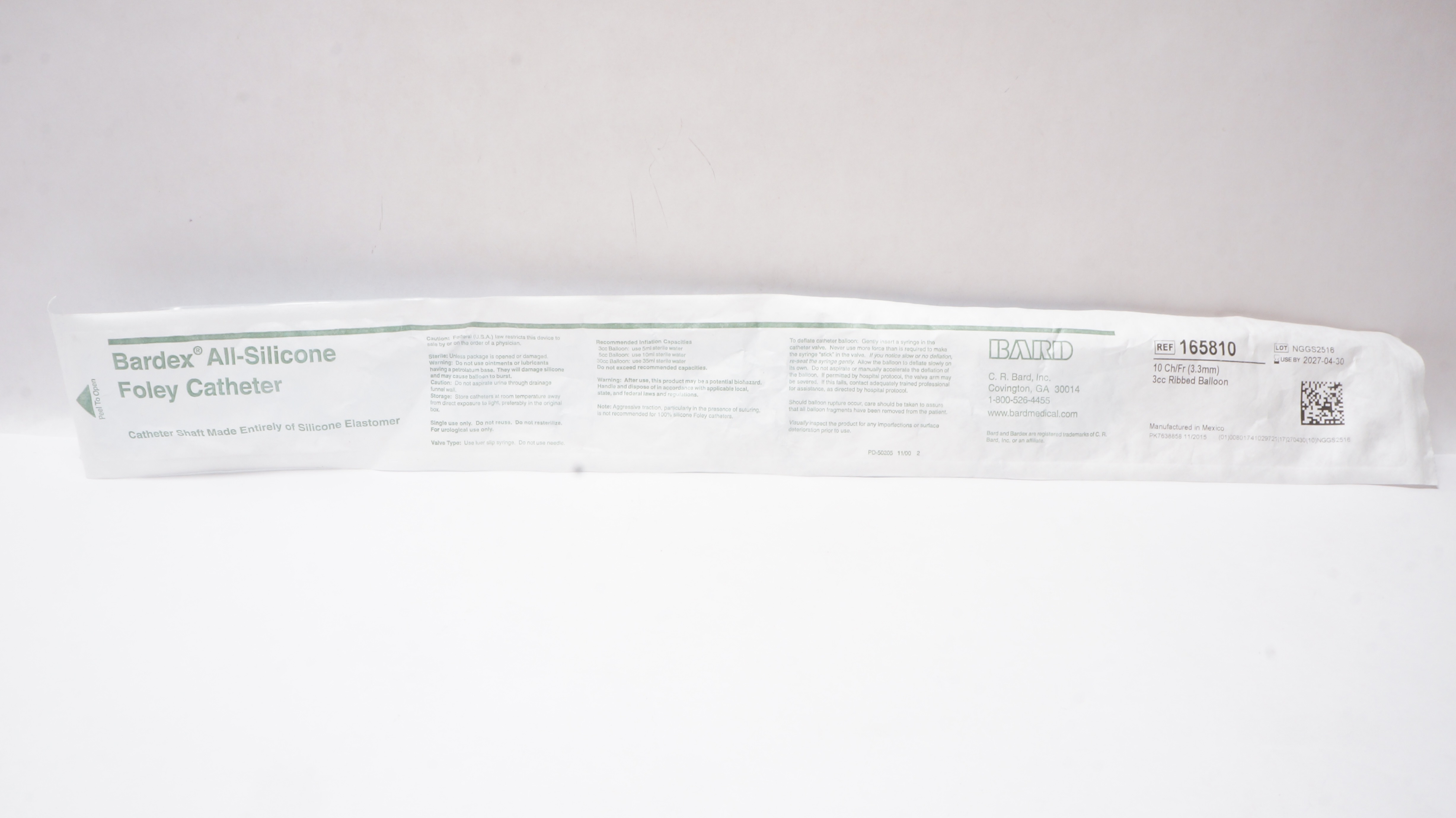 Bard 165810 Bardex All-Silicone Foley Cath. 10Ch/Fr 3cc Ribbed Balloon
