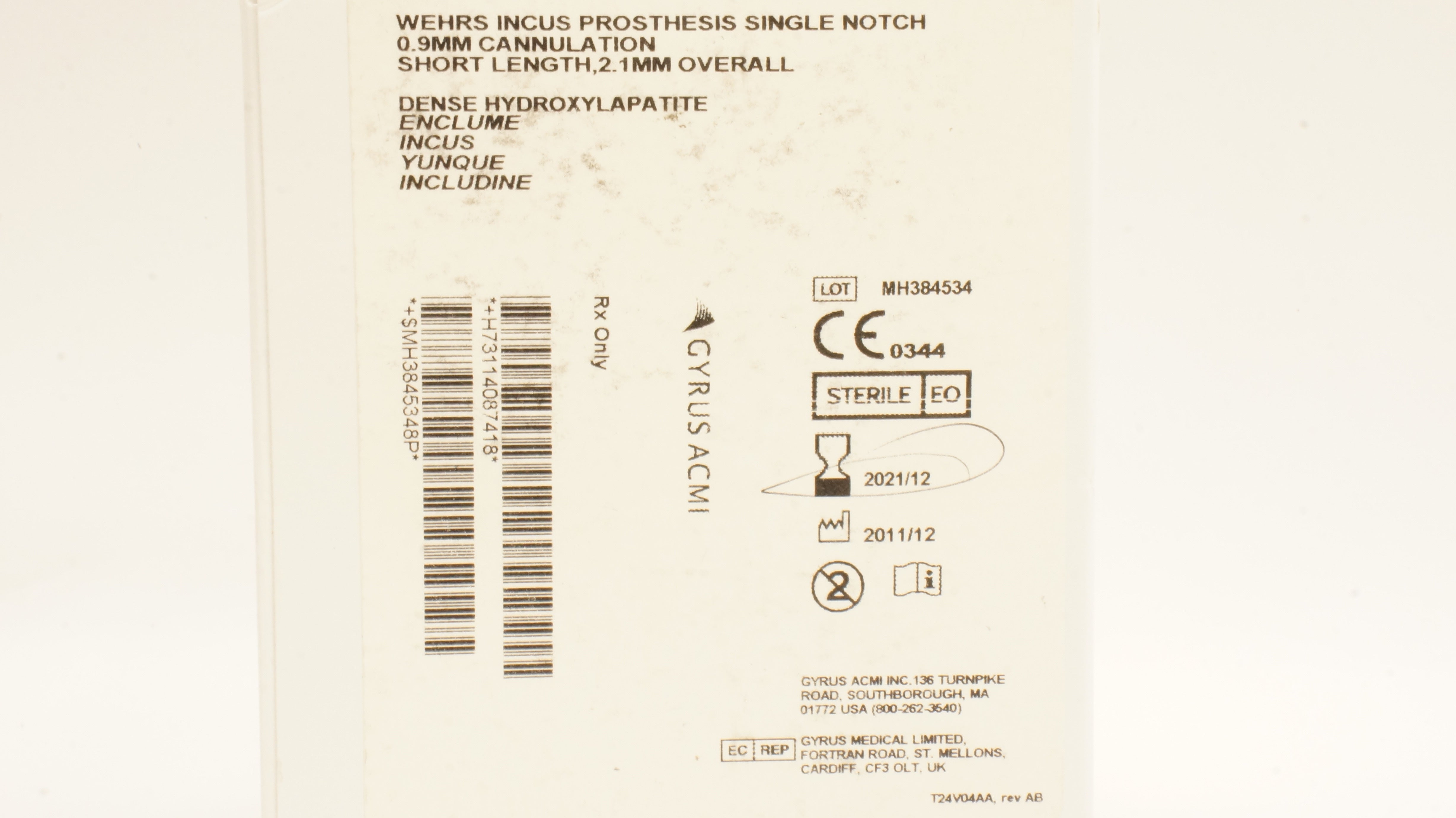 Gyrus ACMI 140874 WEHRS INCUS Prosthesis Single Notch Cannulation 0.9mm x 2.1mm
