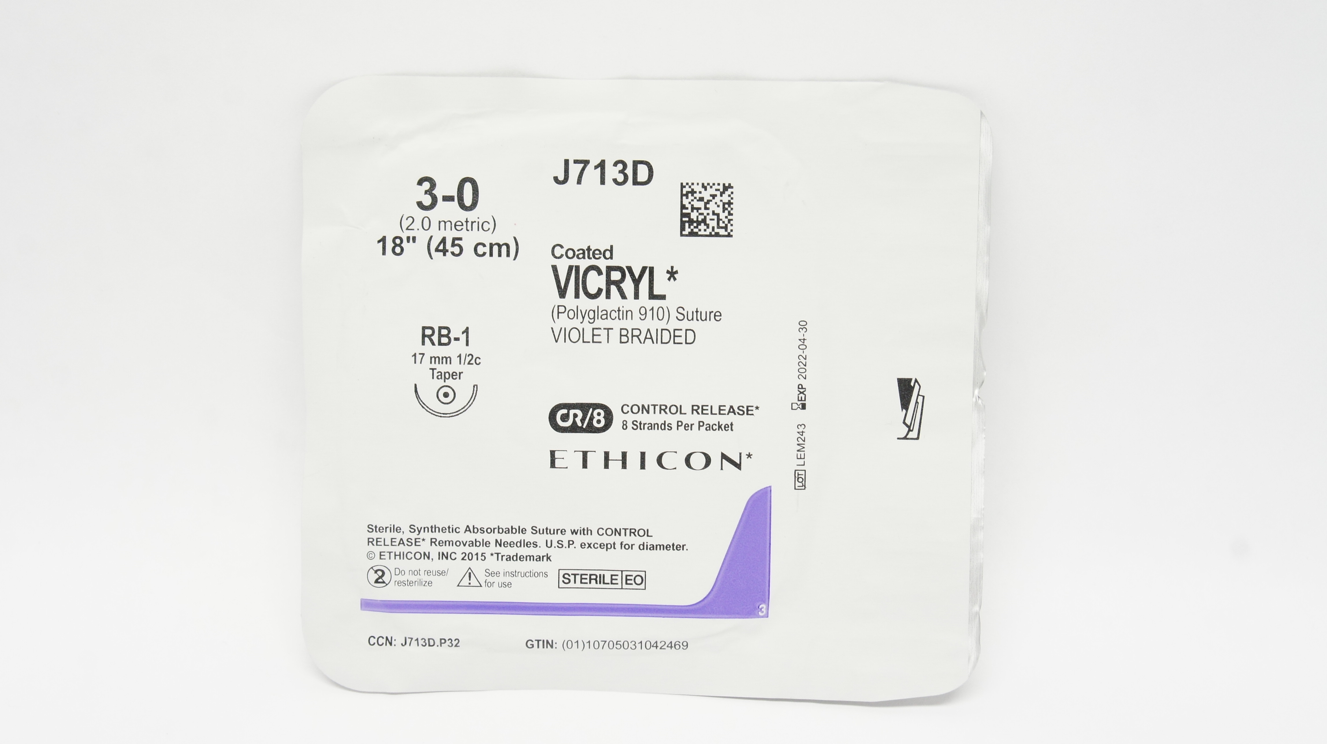 Ethicon J713D 3-0 VICRYL RB-1 17mm 1/2c Taper 18 in CR/8 (x)