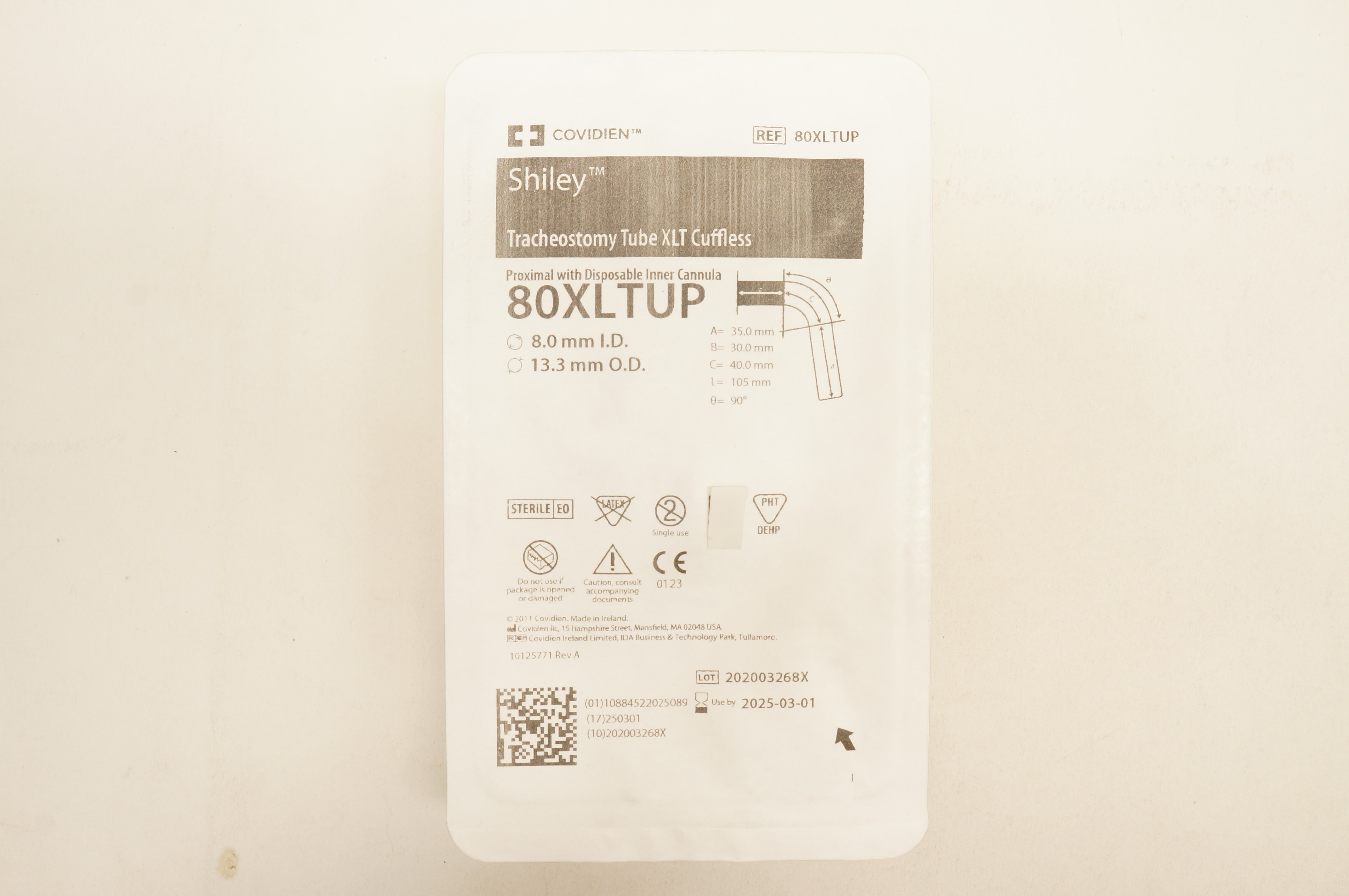 Covidien 80XLTUP Shiley Tracheostomy Tube XLT Cuffless 8.0mm 13.3mm