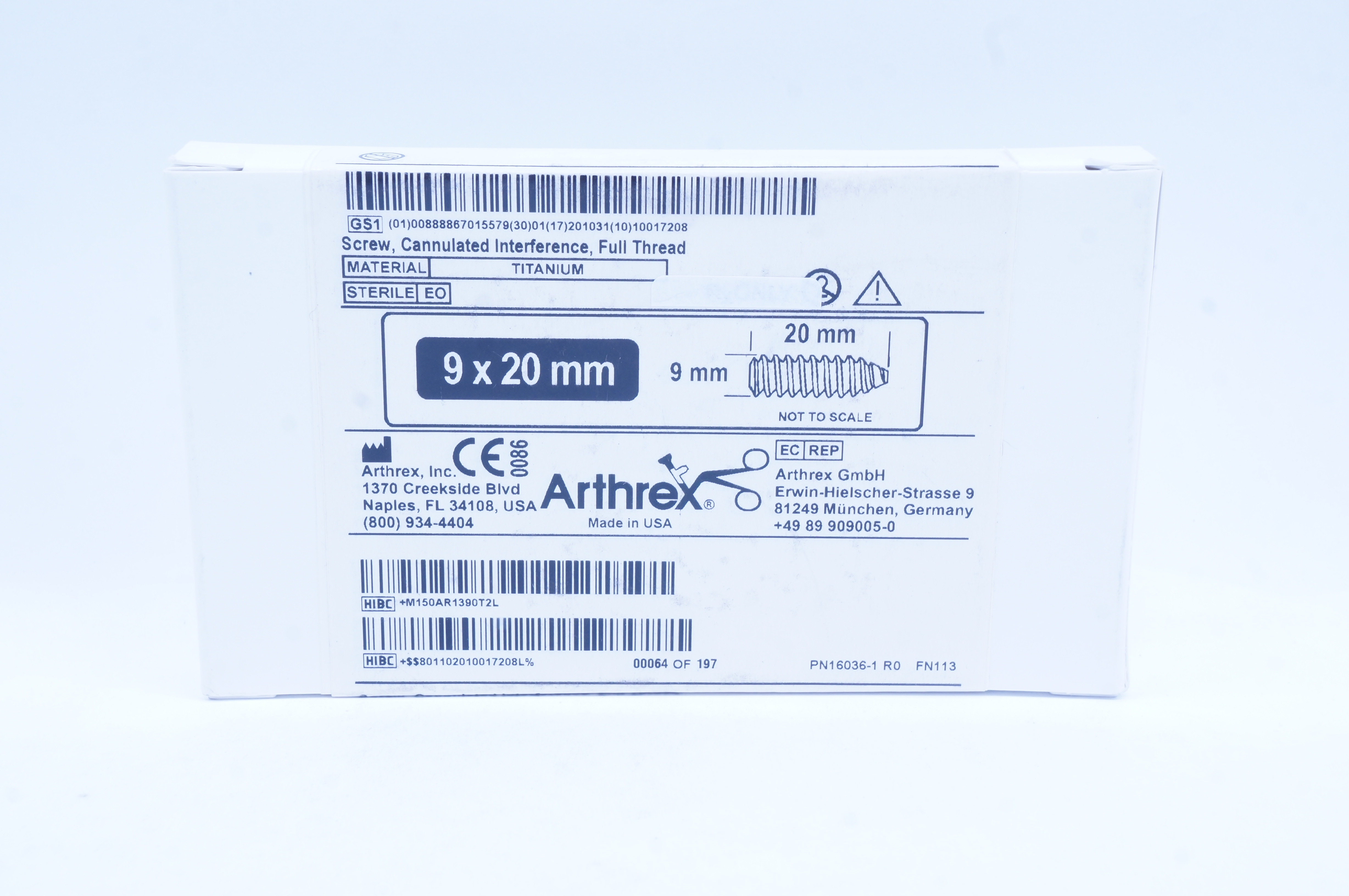 Arthrex AR-1390T Screw, Cannulated Interference, Full Thread 9mm x 20mm (x)