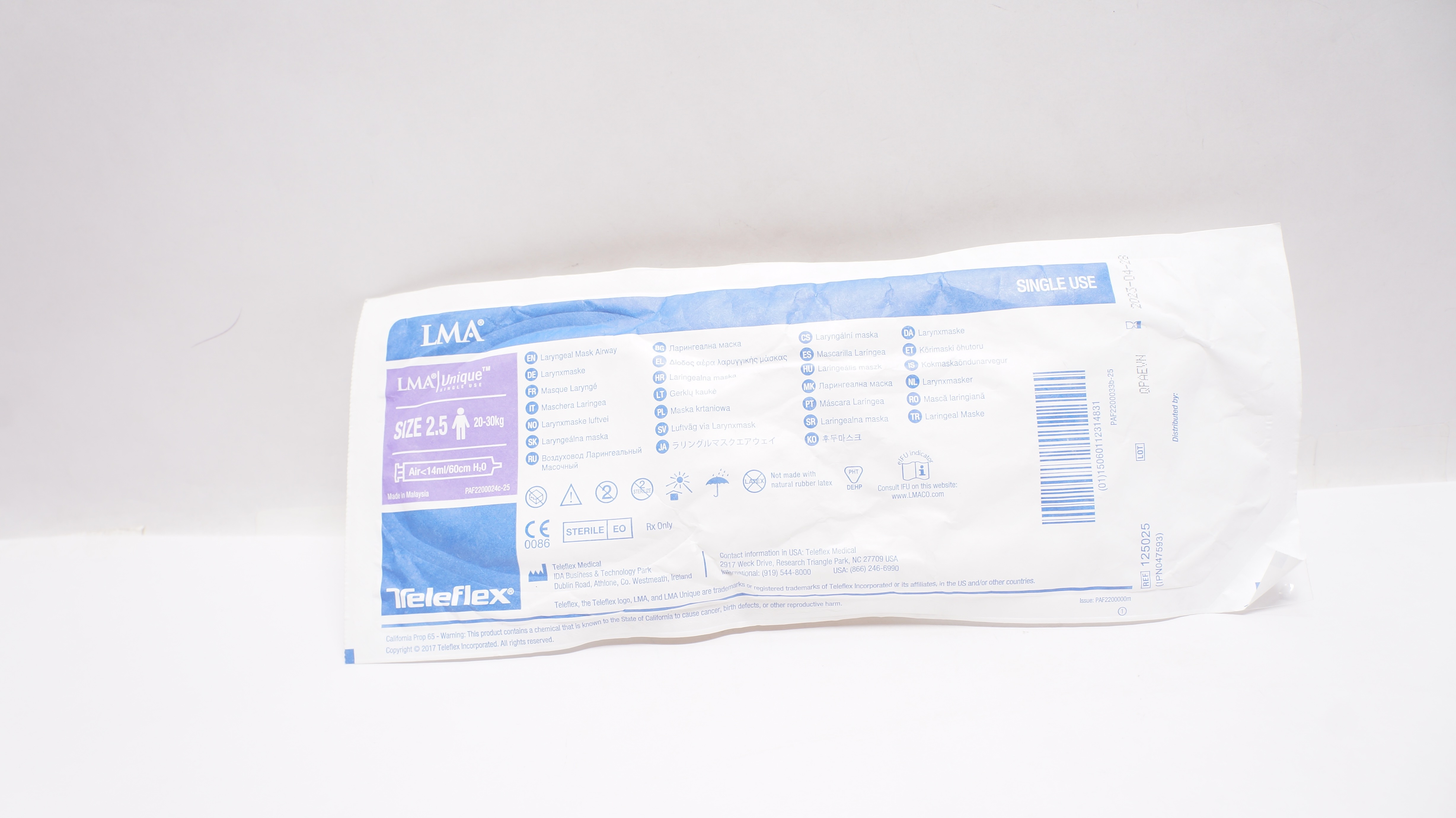 Teleflex 125025 Laryngeal Mask Airway, Air <14 mL/60cm H₂O, Size 2.5 20-30kg (x)