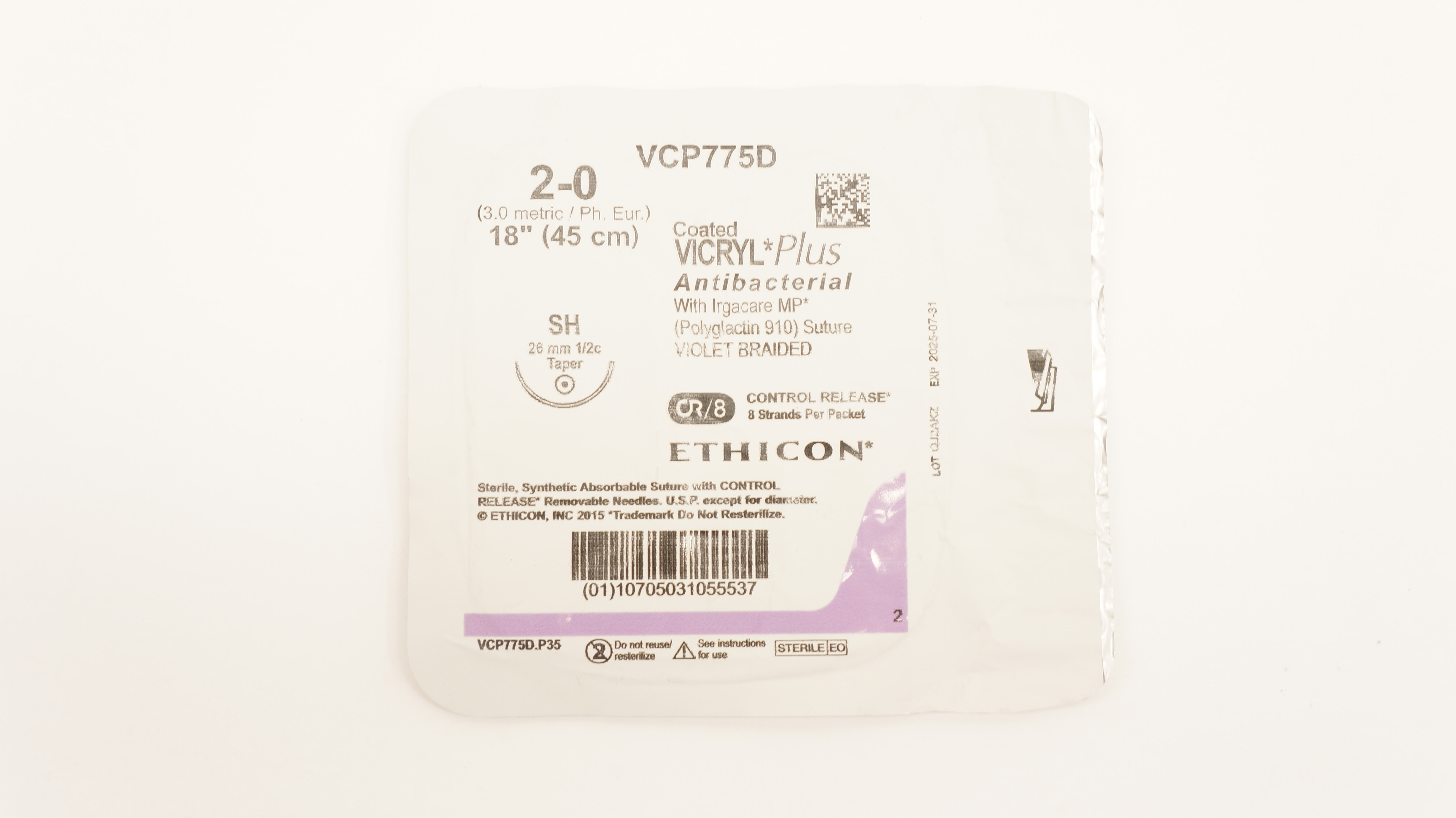 Ethicon VCP775D 2-0 Coated Vicryl Plus Stre SH 26mm 1/2c Taper, 18 inch