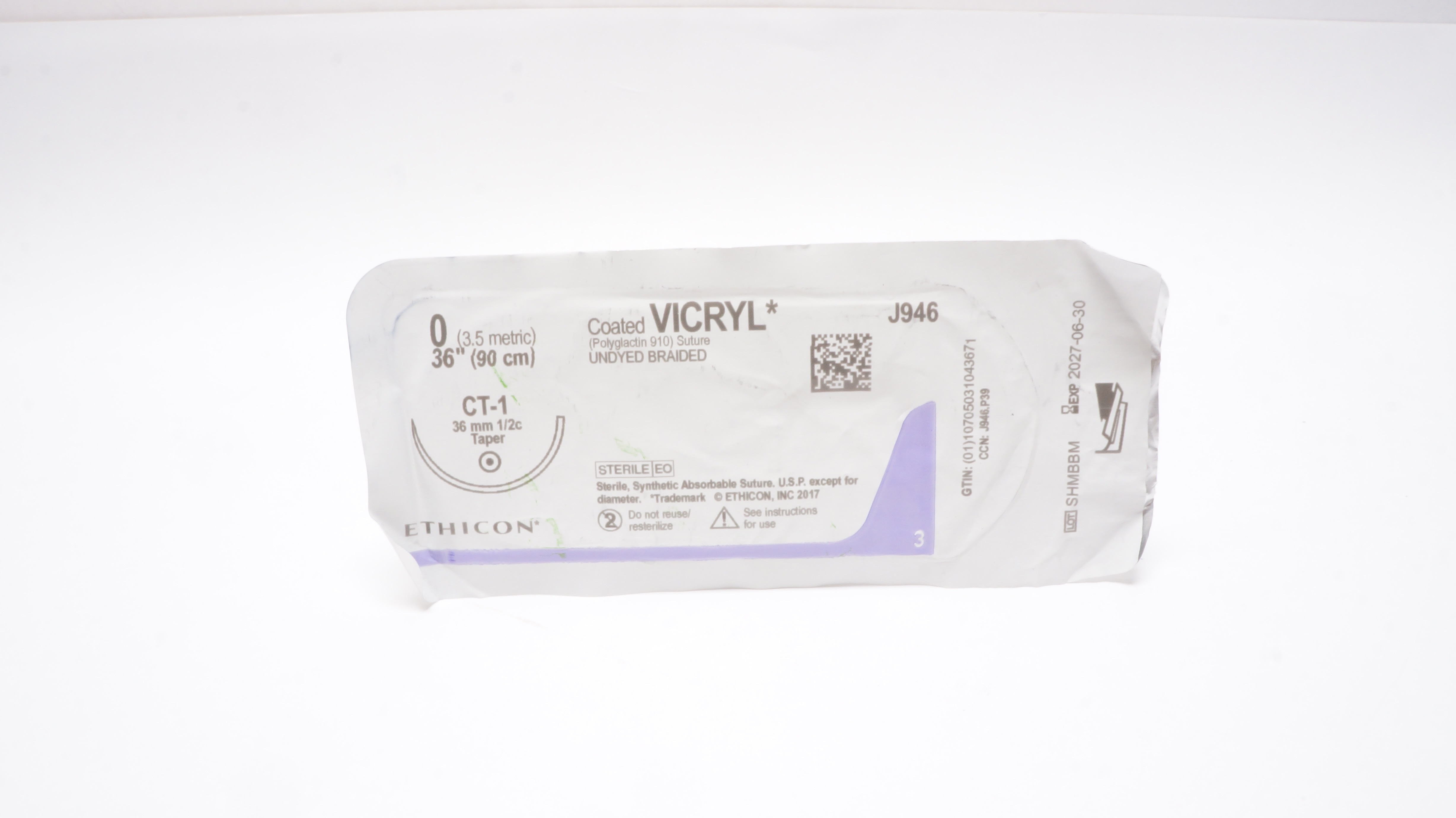 Ethicon J946 0 Coated VICRYL Stre Undyed Braided CT-1 36mm 1/2c Taper, 36inch
