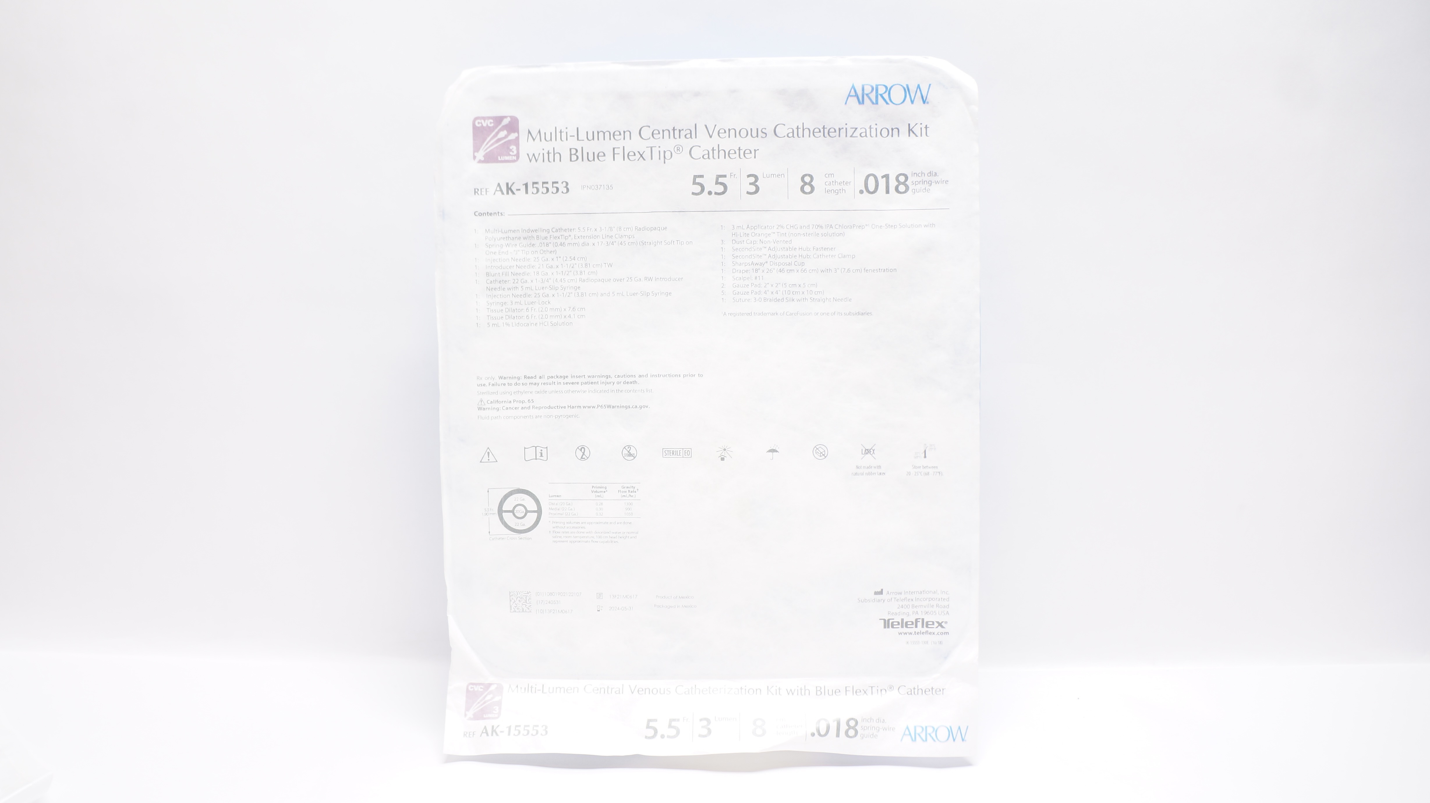 Arrow AK-15553 Multi-Lumen Central Venous Catheterization Kit 5.5Fr x 8cm