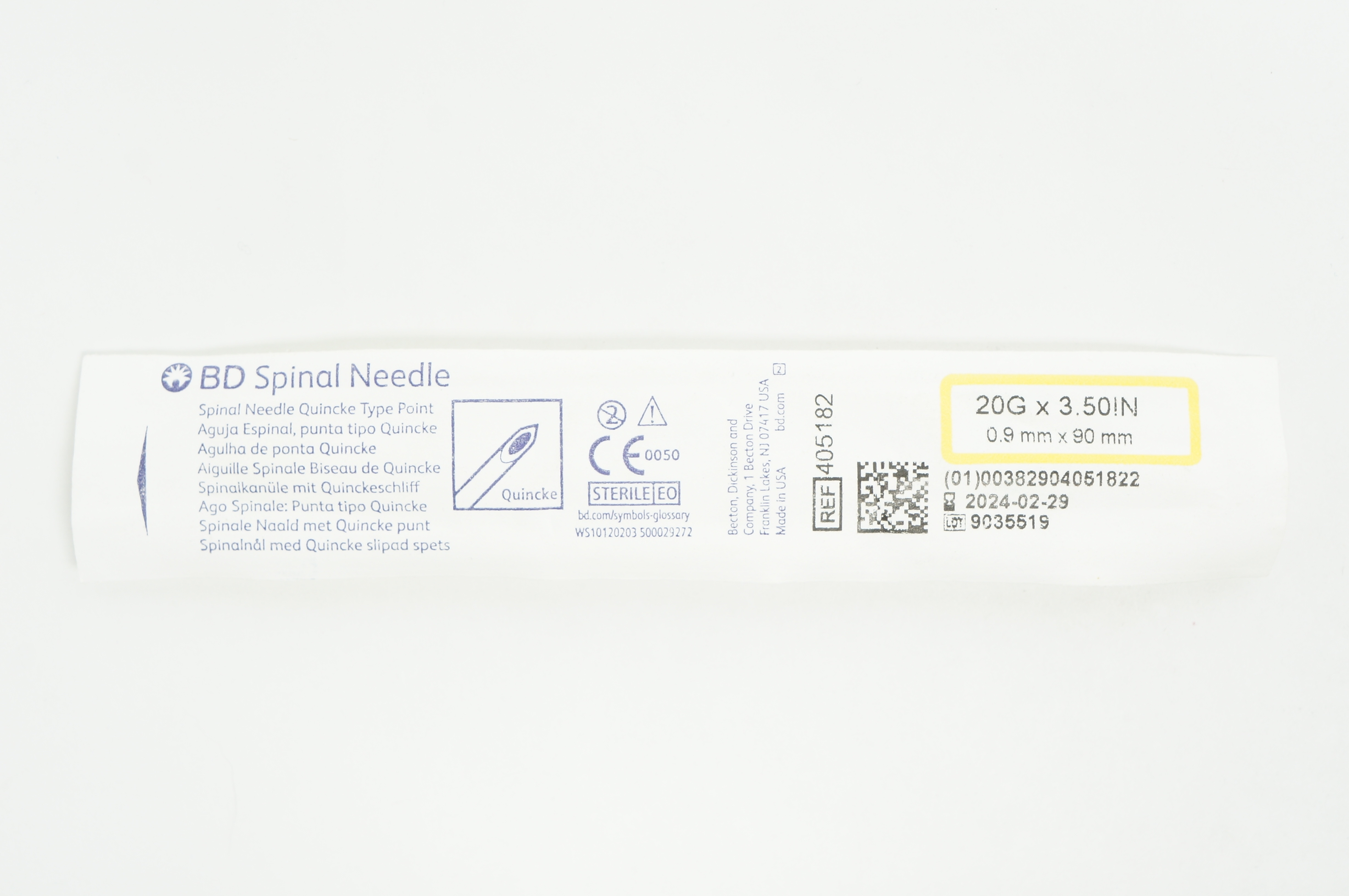 BD 405182 Becton Spinal Ndle. Quincke Type Point, 20G x 3.50inch
