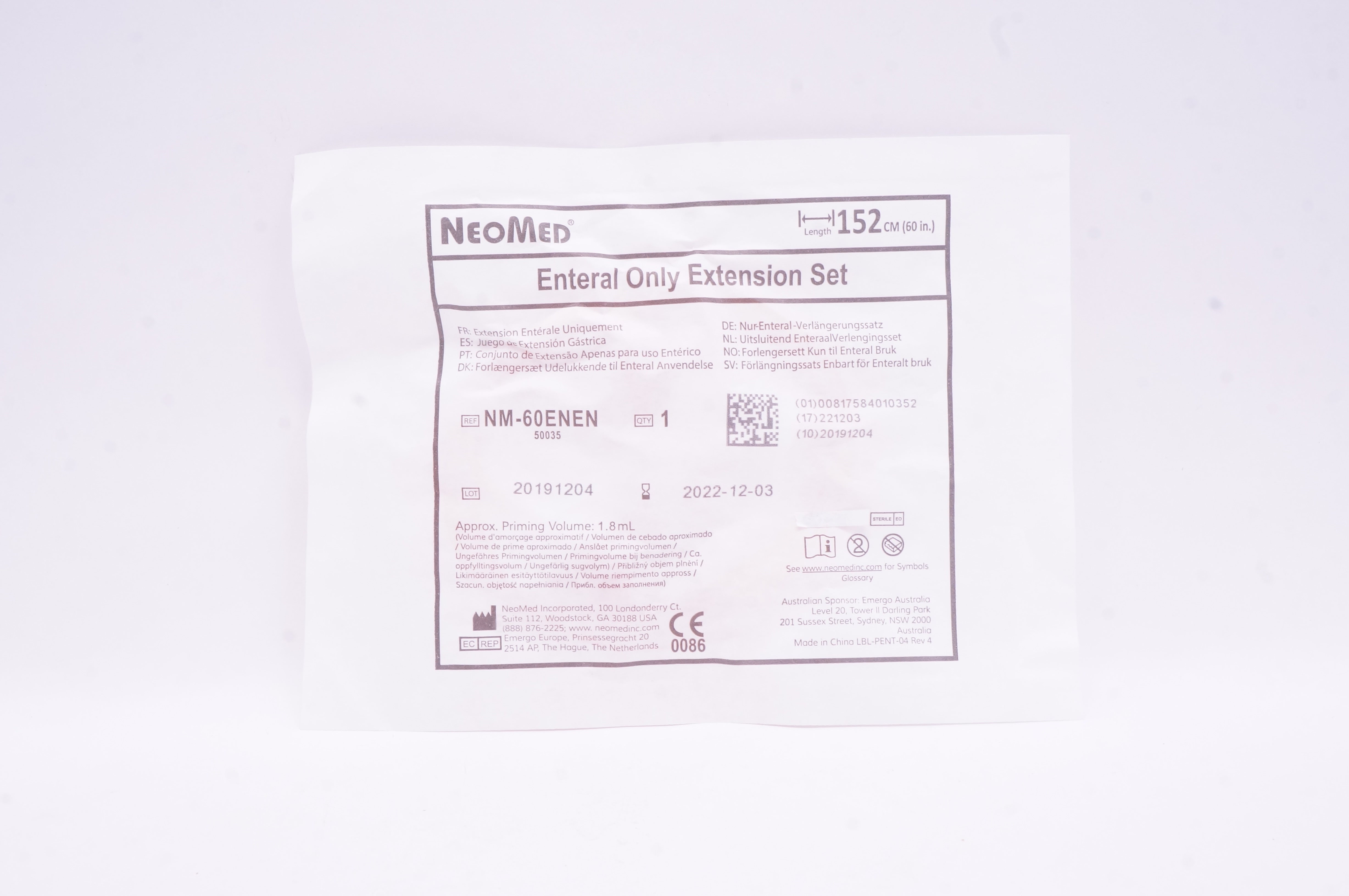 NeoMed NM-60ENEN Enteral Only Extension Set 60inch, Approx. Volume 1.8mL