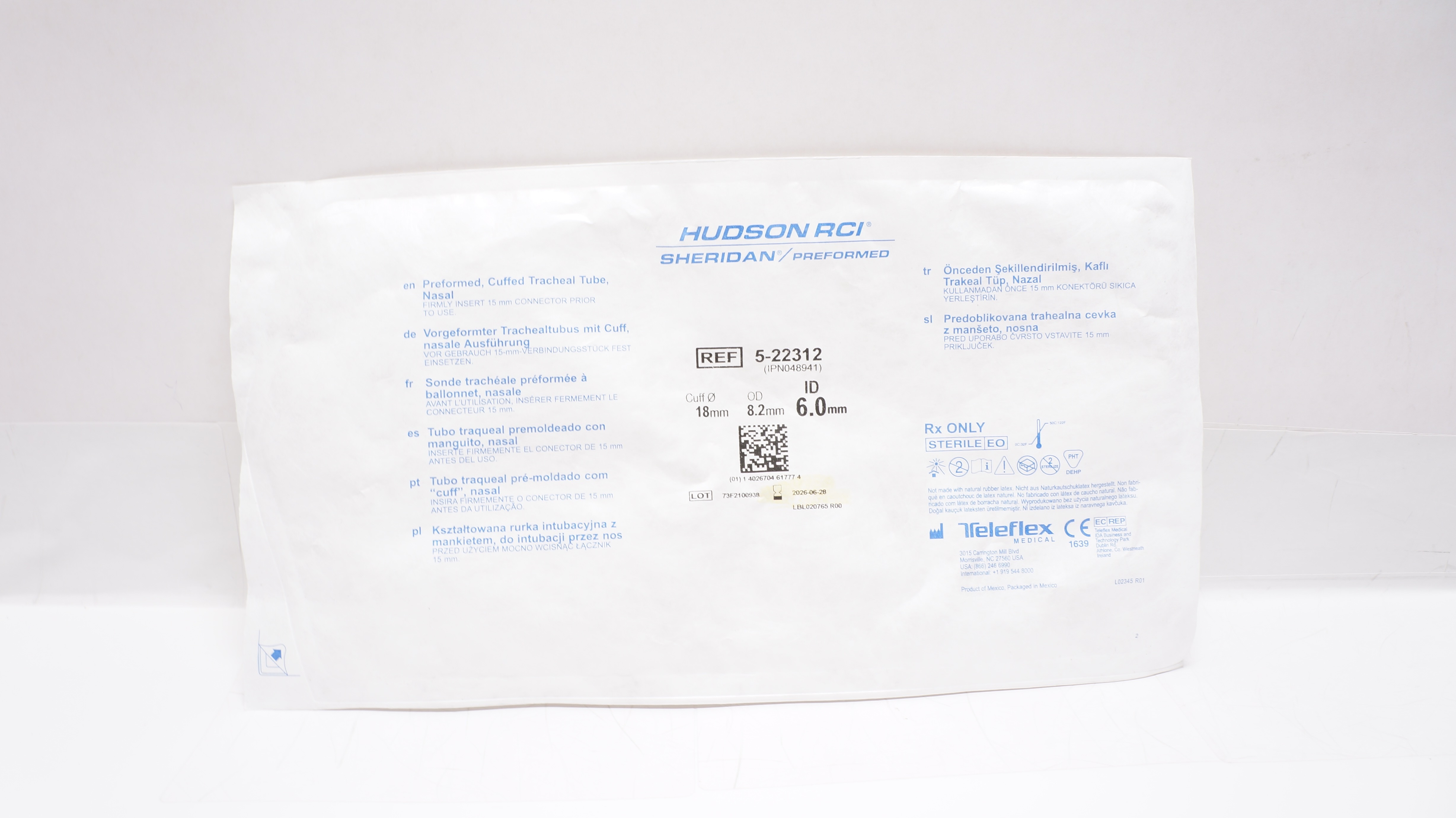 Hudson RCI 5-22312 SHERIDAN Preformed Cuffed Tracheal Tube 18mm x 8.2mm