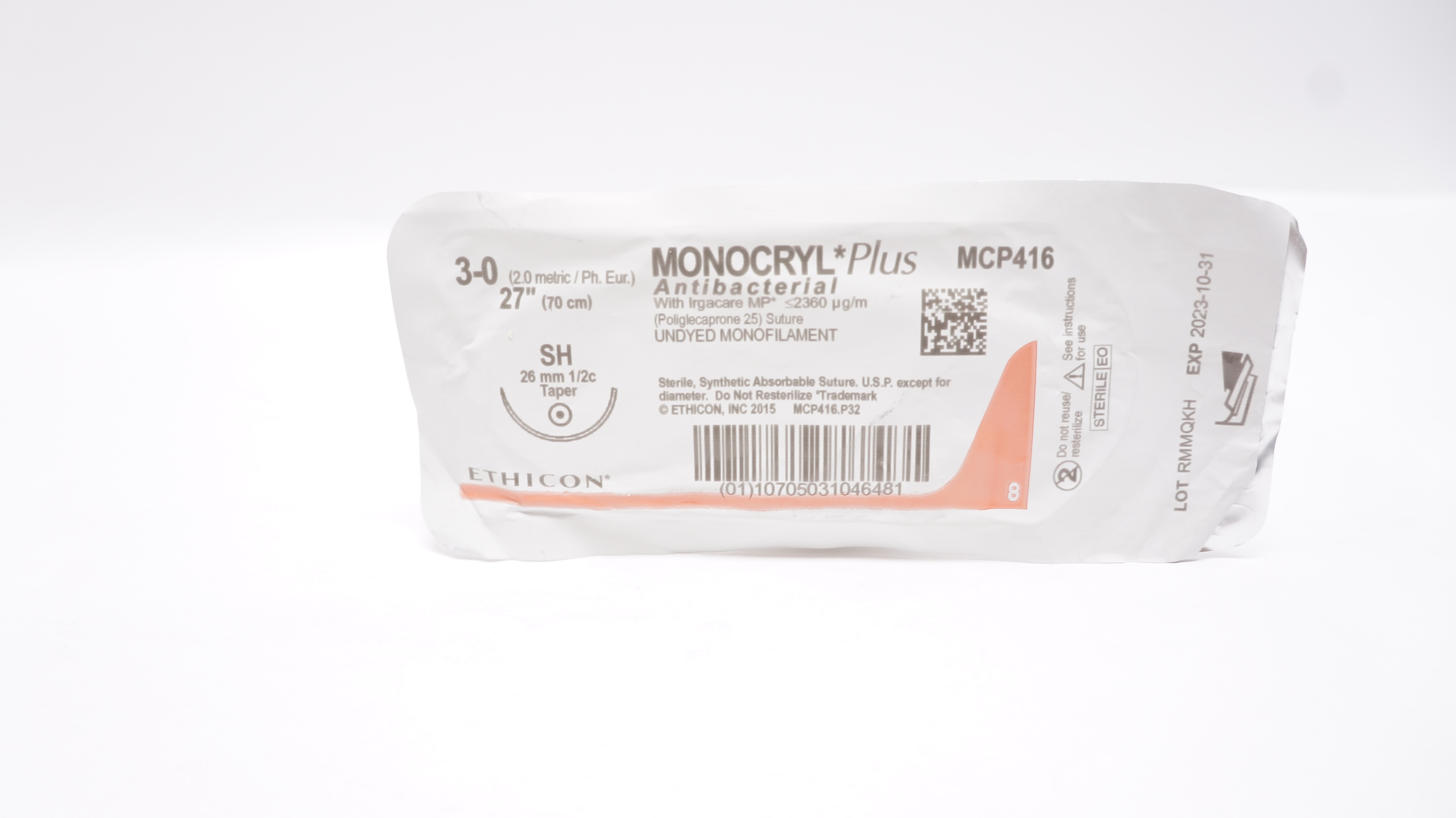 Ethicon MCP416 3-0 MONOCRYL Plus Antibacterial Stre SH 26mm 1/2c Taper 27inch