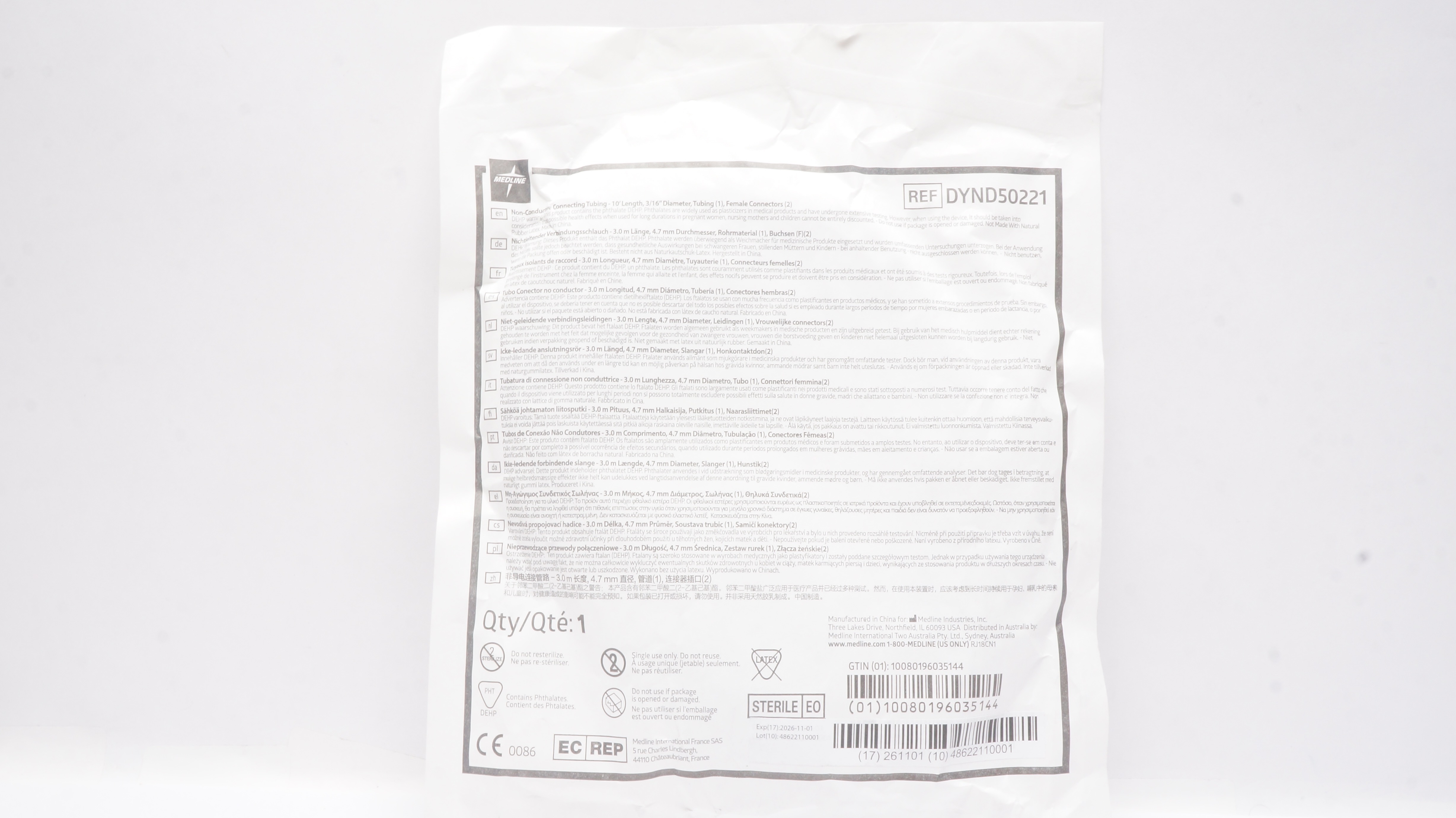 Medline DYND50221 Non-Conductive Connecting Tubing 10Ft Length Diam 3/16inch
